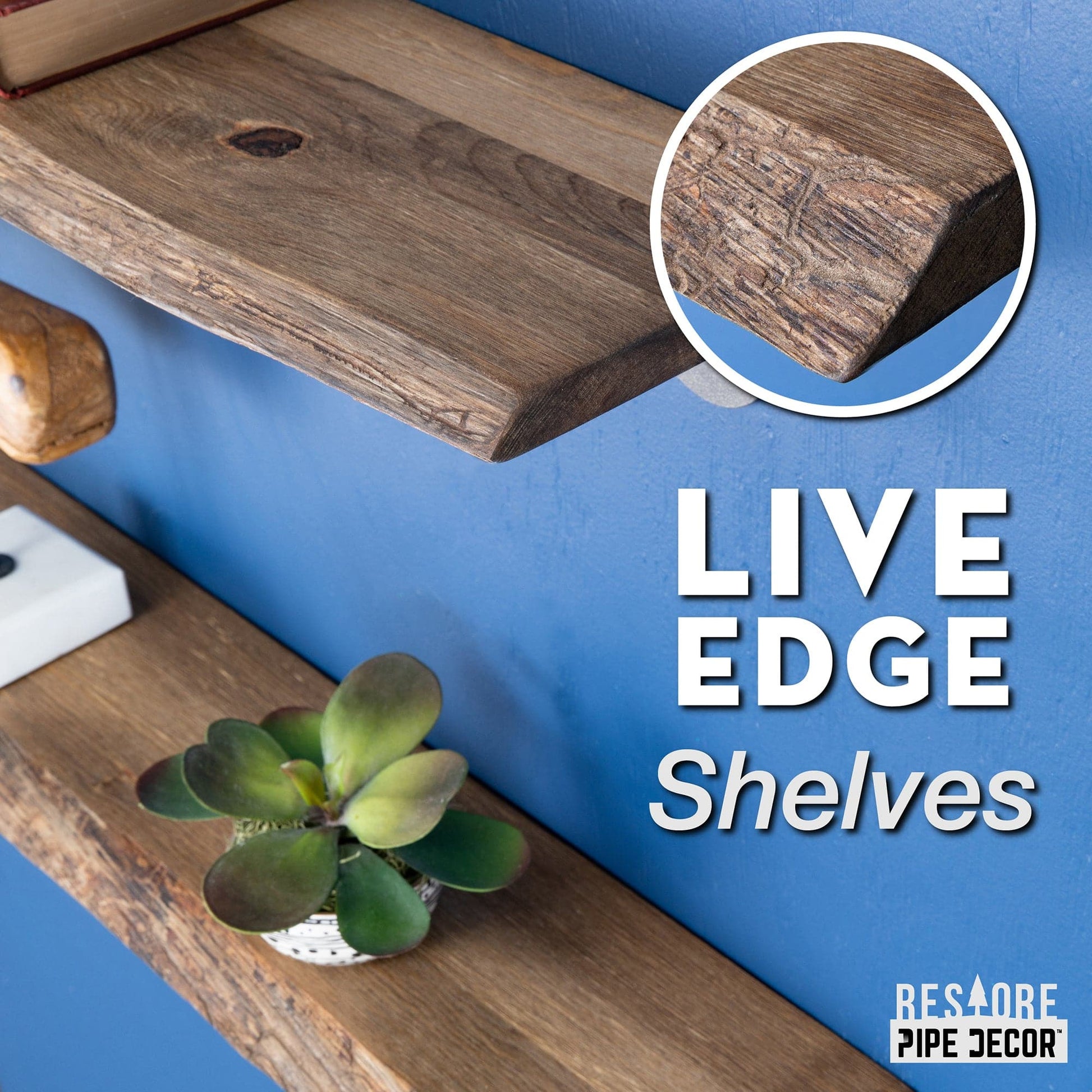 36” Trail Brown Live Edge Wood Shelf with L-Shaped Pipe Brackets (2-Pack) PIPE DECOR