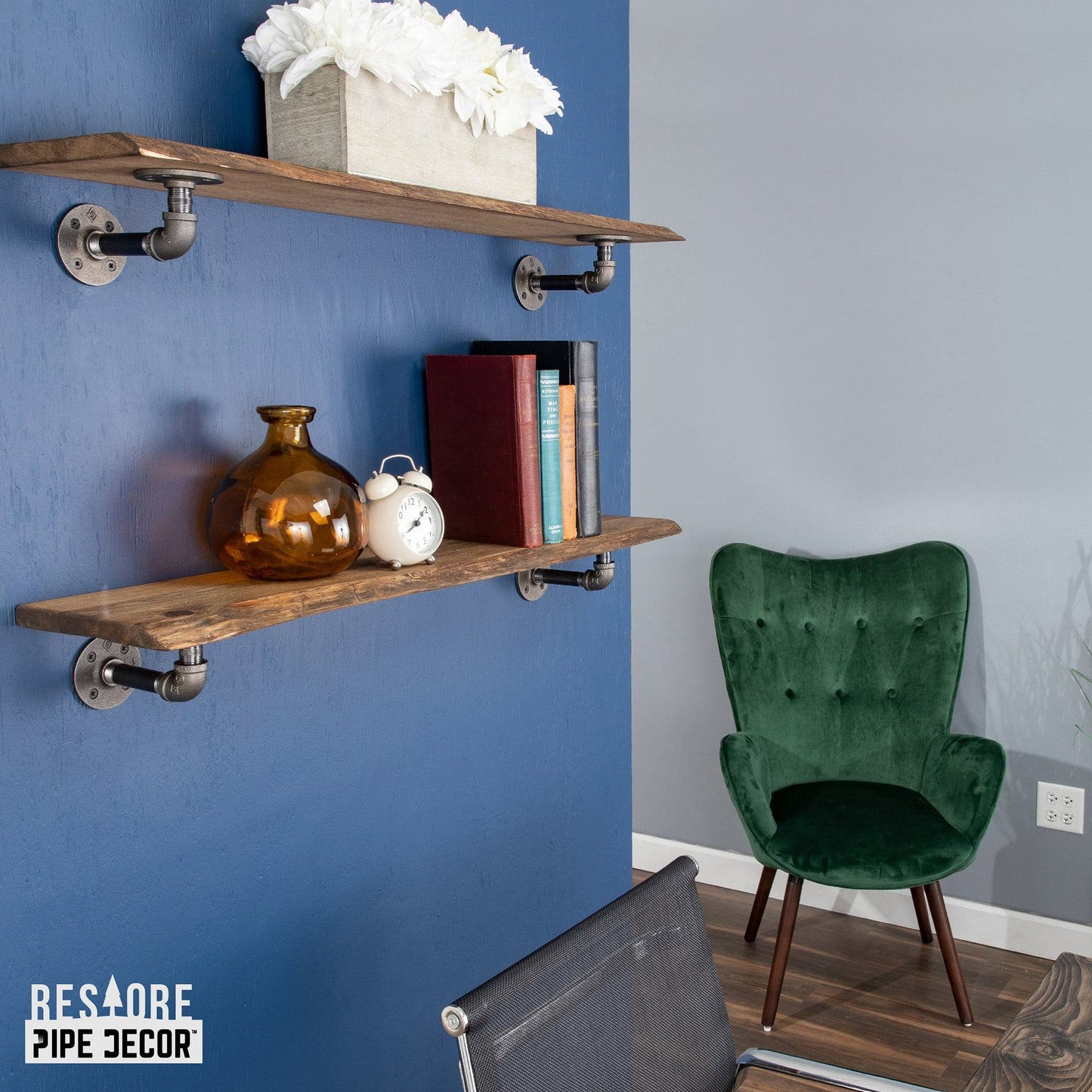 36” Trail Brown Live Edge Wood Shelf with L-Shaped Pipe Brackets (2-Pack) PIPE DECOR