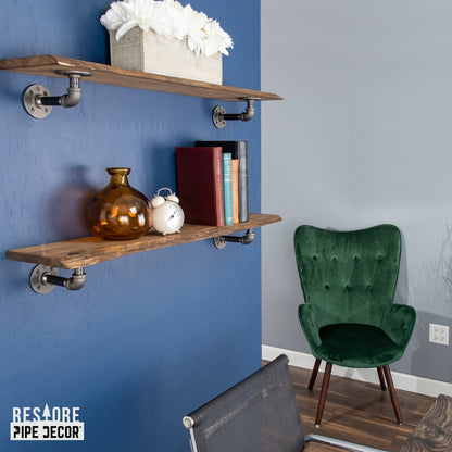 36” Trail Brown Live Edge Wood Shelf with L-Shaped Pipe Brackets (2-Pack) PIPE DECOR