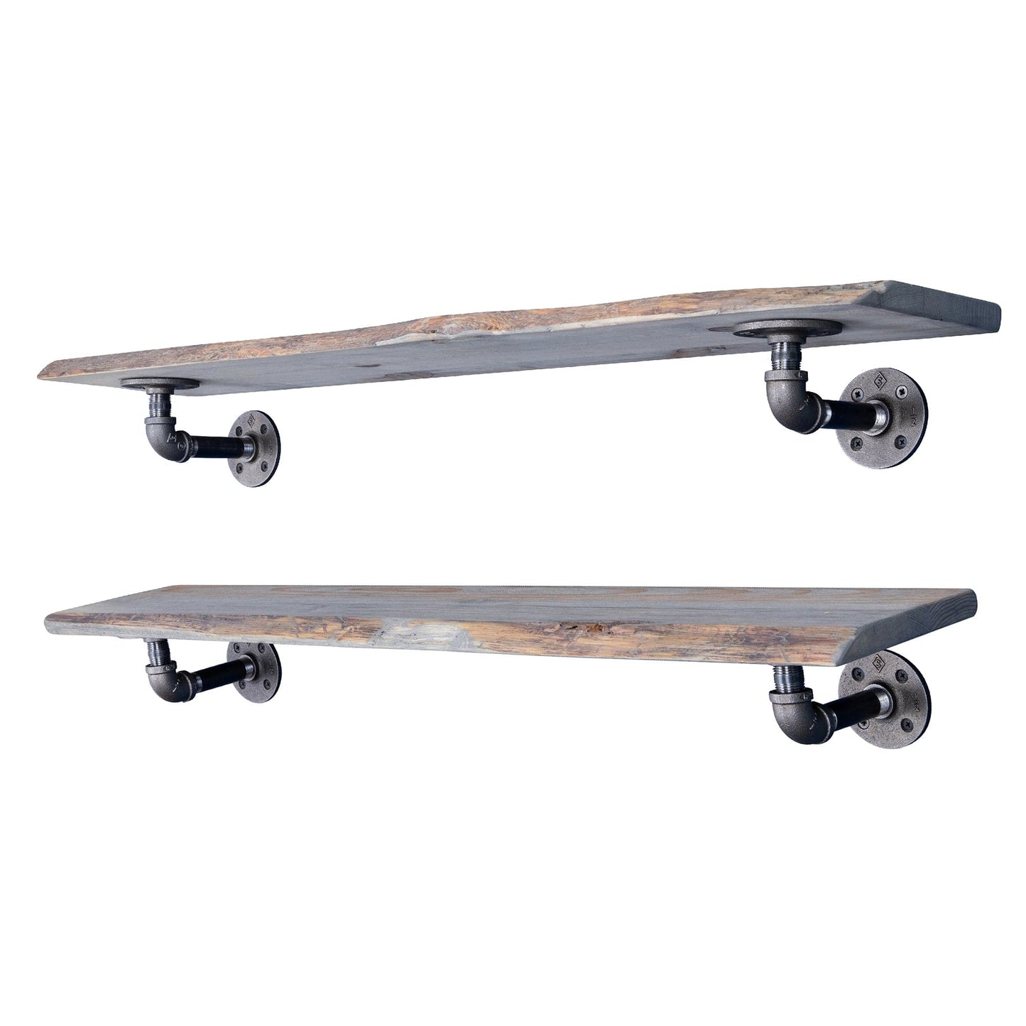 36” Riverstone Grey Live Edge Wood Shelf with L-Shaped Pipe Brackets (2-Pack) PIPE DECOR