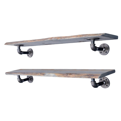 36” Riverstone Grey Live Edge Wood Shelf with L-Shaped Pipe Brackets (2-Pack) PIPE DECOR