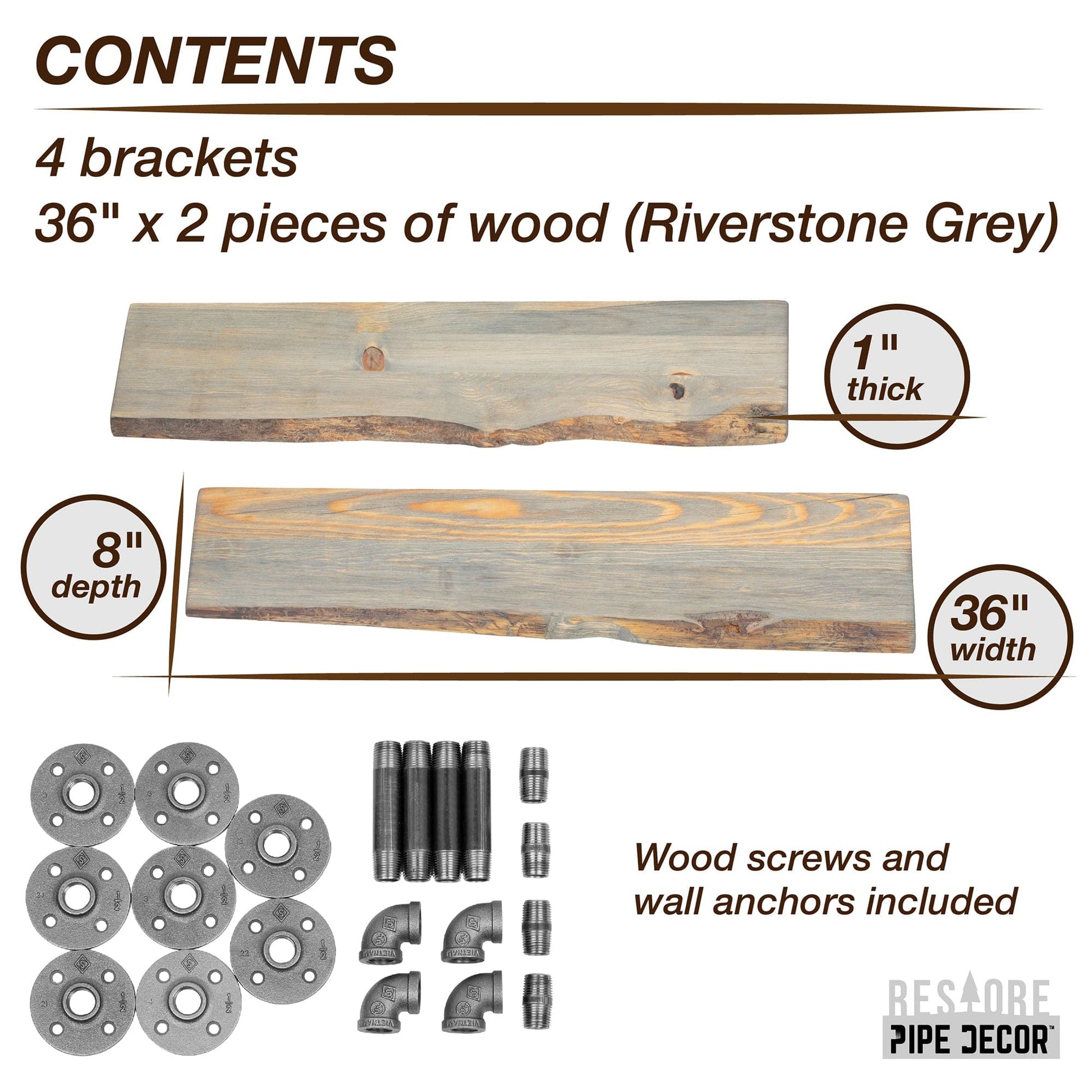36” Riverstone Grey Live Edge Wood Shelf with L-Shaped Pipe Brackets (2-Pack) PIPE DECOR