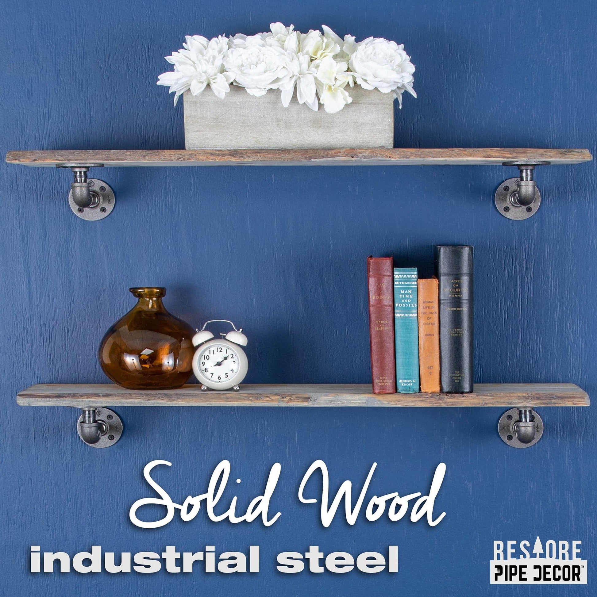 36” Riverstone Grey Live Edge Wood Shelf with L-Shaped Pipe Brackets (2-Pack) PIPE DECOR