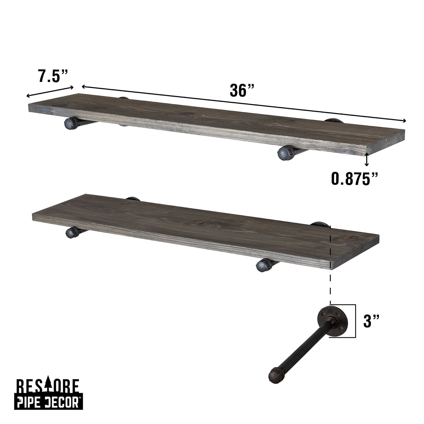 RESTORE Boulder Black 36 in. Shelves with Noir Pre-finished Straight Brackets PIPE DECOR