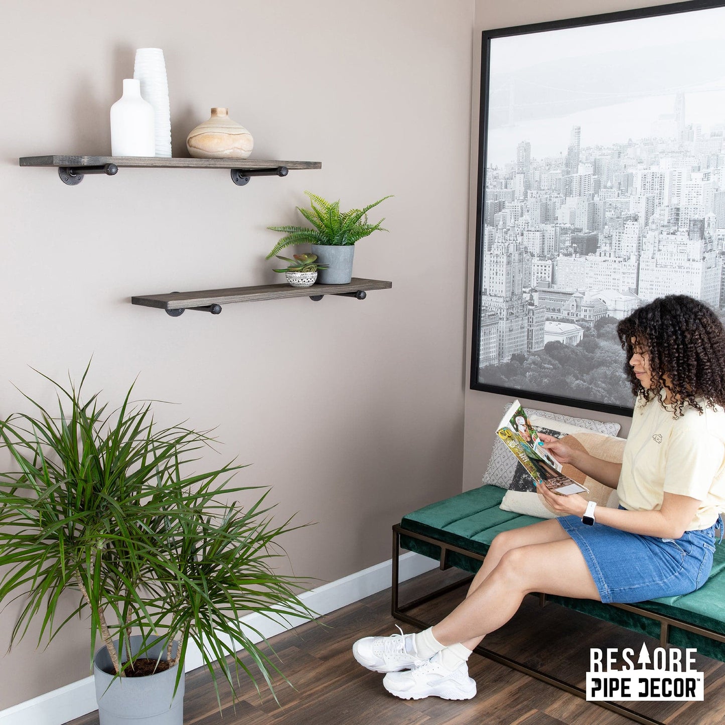 RESTORE Boulder Black 36 in. Shelves with Noir Pre-finished Straight Brackets PIPE DECOR