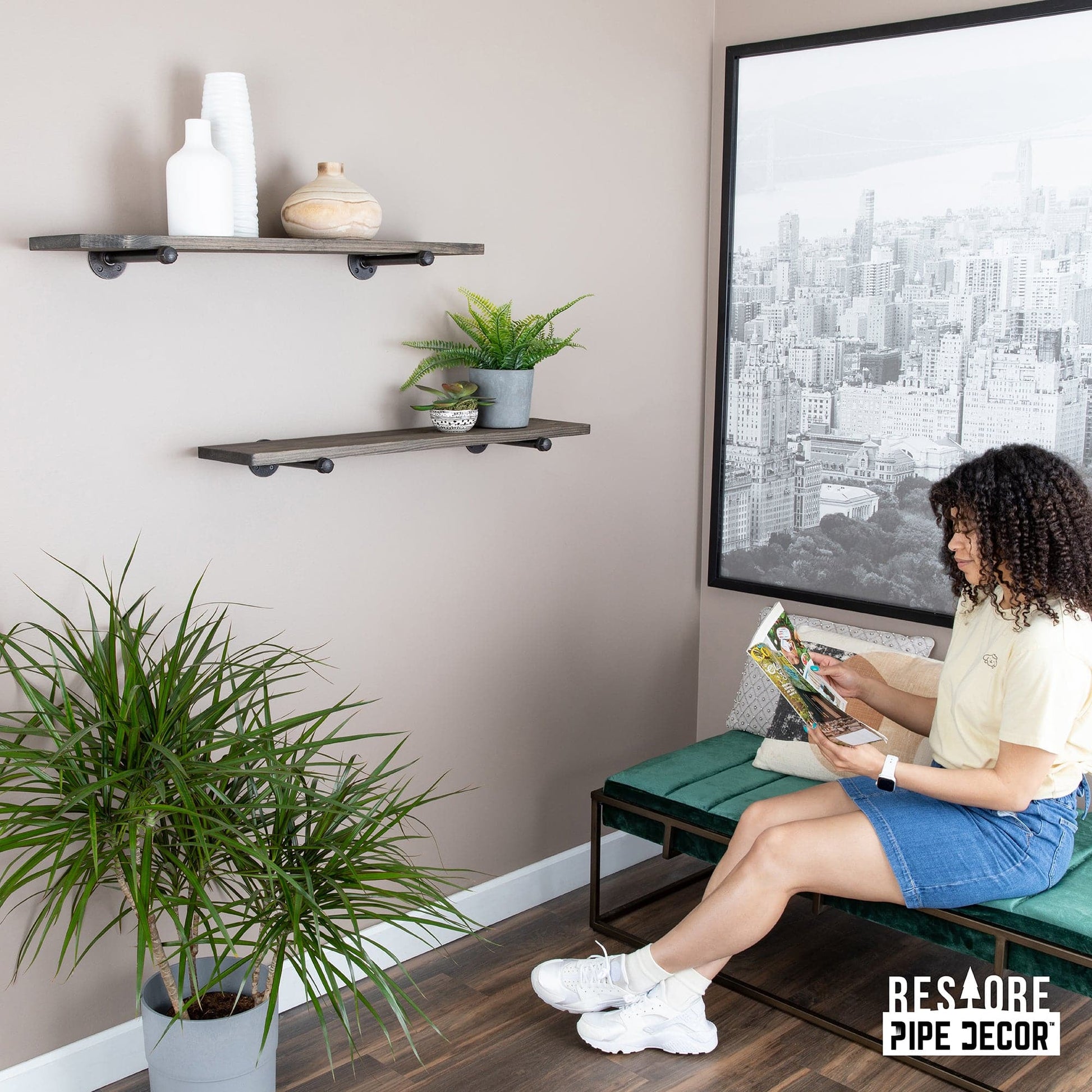 RESTORE Boulder Black 36 in. Shelves with Noir Pre-finished Straight Brackets PIPE DECOR