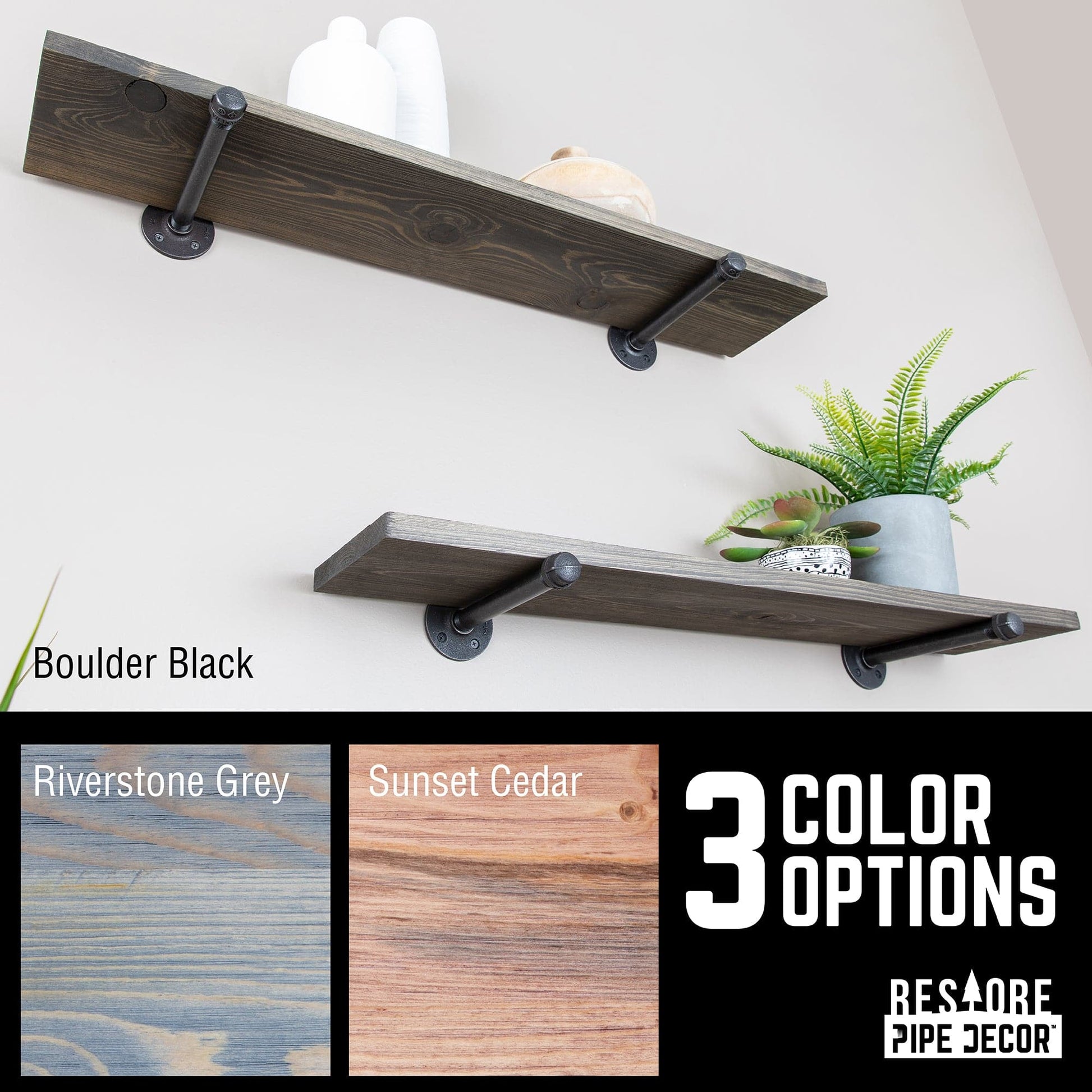 RESTORE Boulder Black 36 in. Shelves with Noir Pre-finished Straight Brackets PIPE DECOR