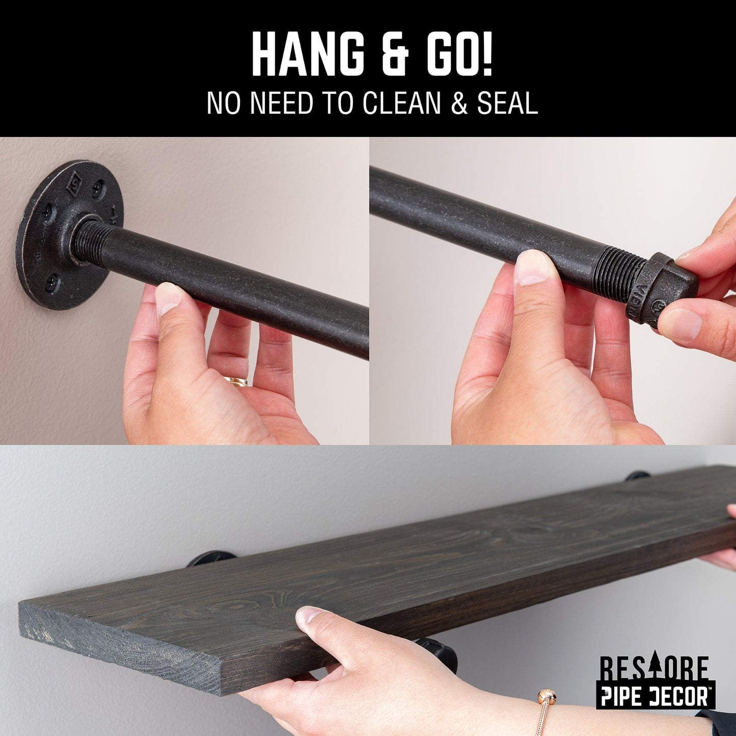 RESTORE Boulder Black 36 in. Shelves with Noir Pre-finished Straight Brackets PIPE DECOR