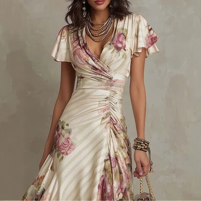 Ruffled Hem Maxi Dress – V-Neck Satin A-Line Color Block Dress FitiqueFit