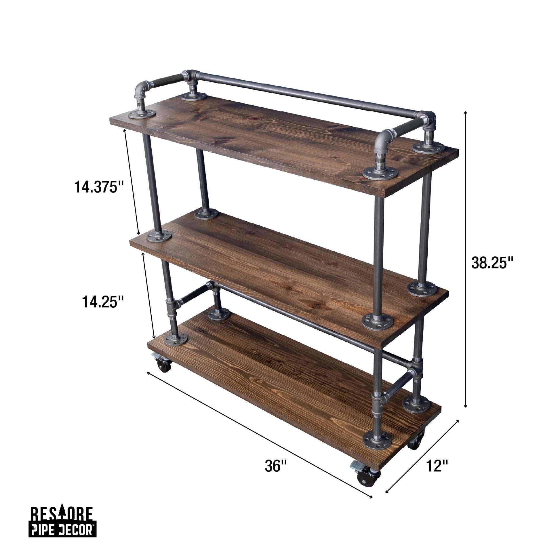 Three-tier Wood Shelf Industrial Bar Cart with Locking Wheels, Trail Brown PIPE DECOR