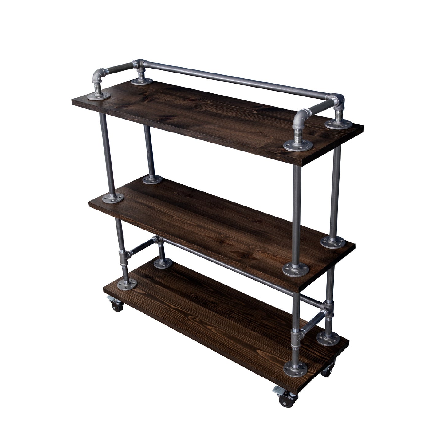 Three-tier Wood Shelf Industrial Bar Cart with Locking Wheels, Boulder Black PIPE DECOR