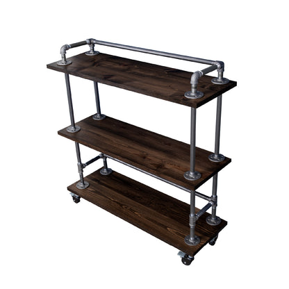 Three-tier Wood Shelf Industrial Bar Cart with Locking Wheels, Boulder Black PIPE DECOR