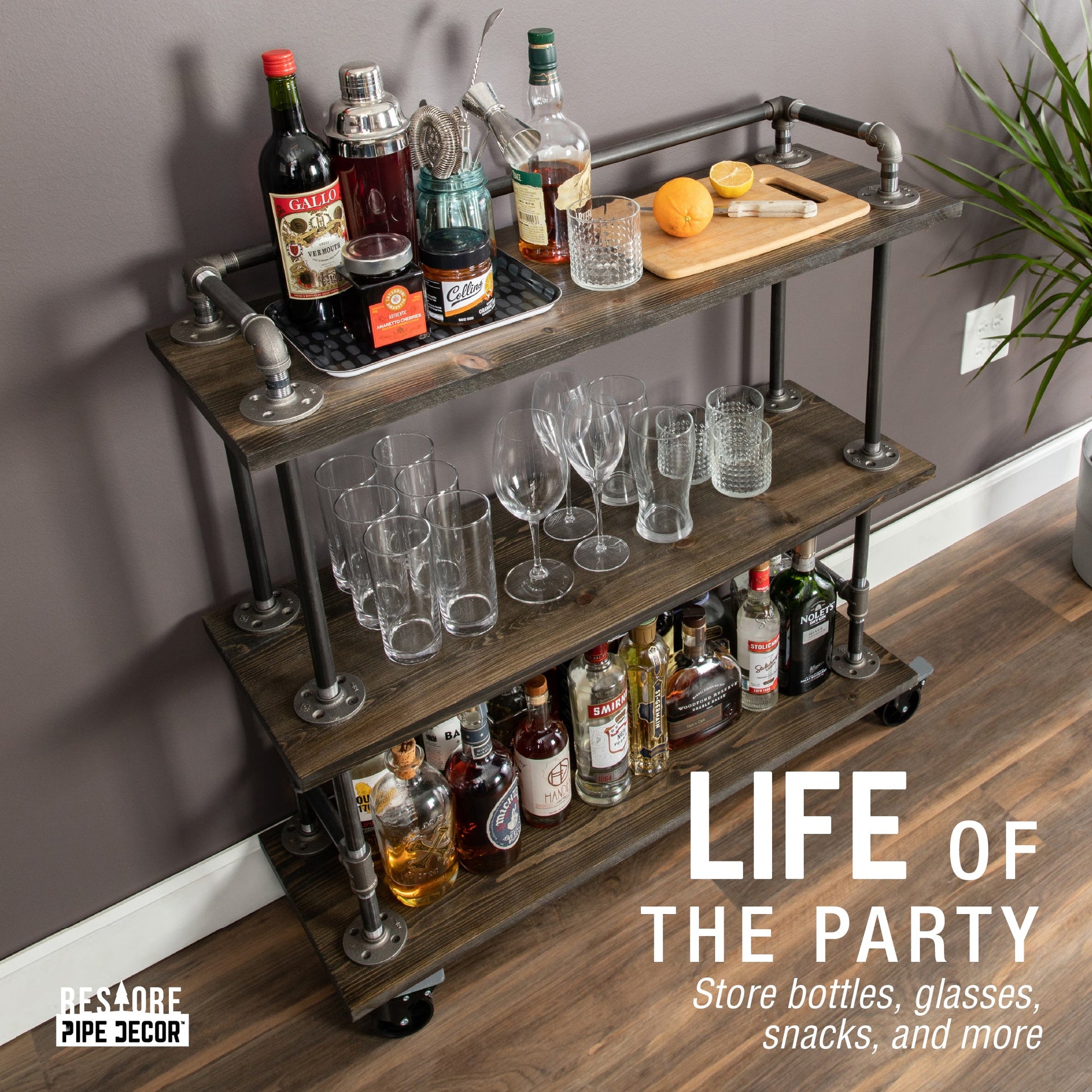 Three-tier Wood Shelf Industrial Bar Cart with Locking Wheels, Boulder Black PIPE DECOR