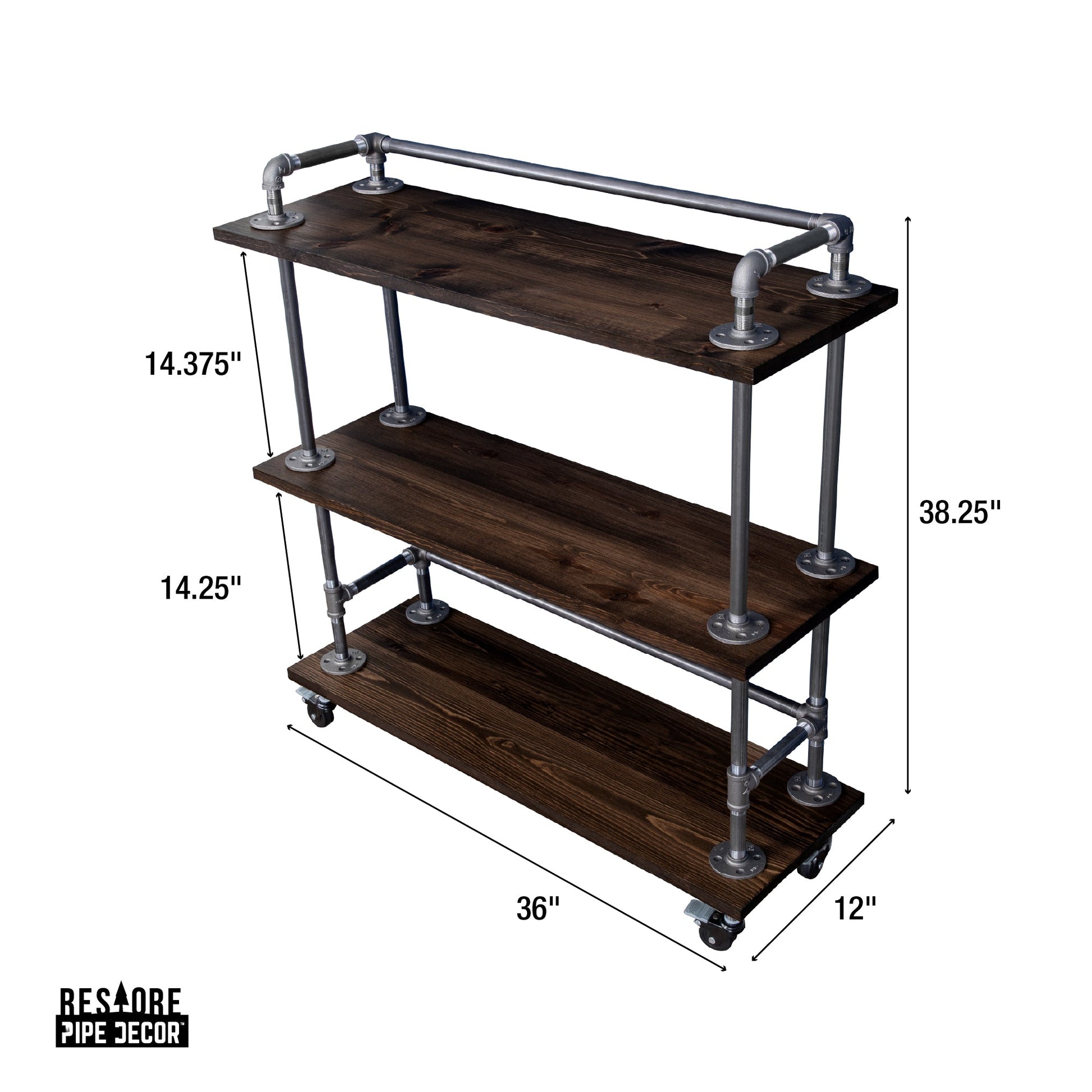 Three-tier Wood Shelf Industrial Bar Cart with Locking Wheels, Boulder Black PIPE DECOR