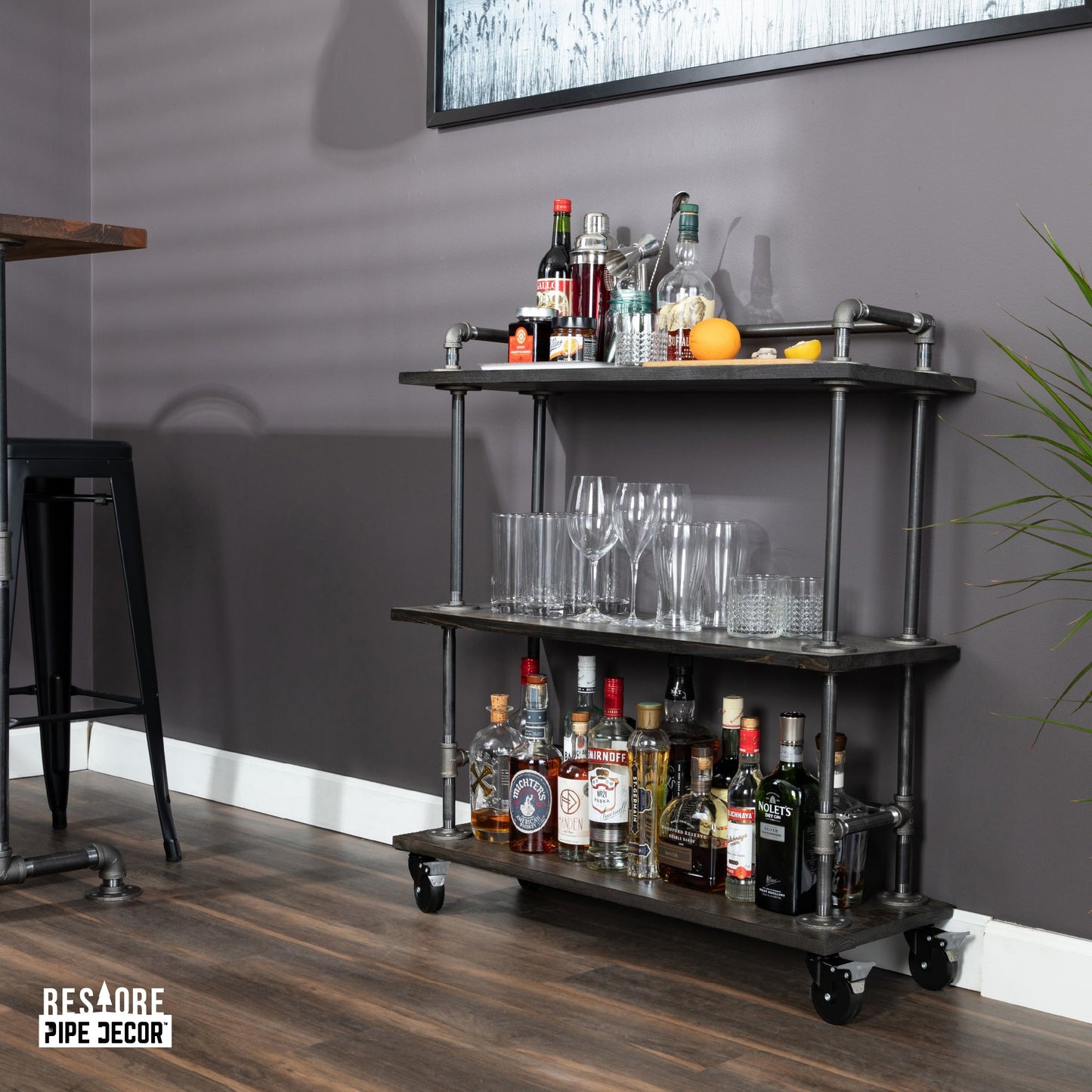 Three-tier Wood Shelf Industrial Bar Cart with Locking Wheels, Boulder Black PIPE DECOR