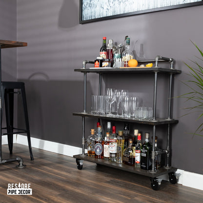 Three-tier Wood Shelf Industrial Bar Cart with Locking Wheels, Boulder Black PIPE DECOR