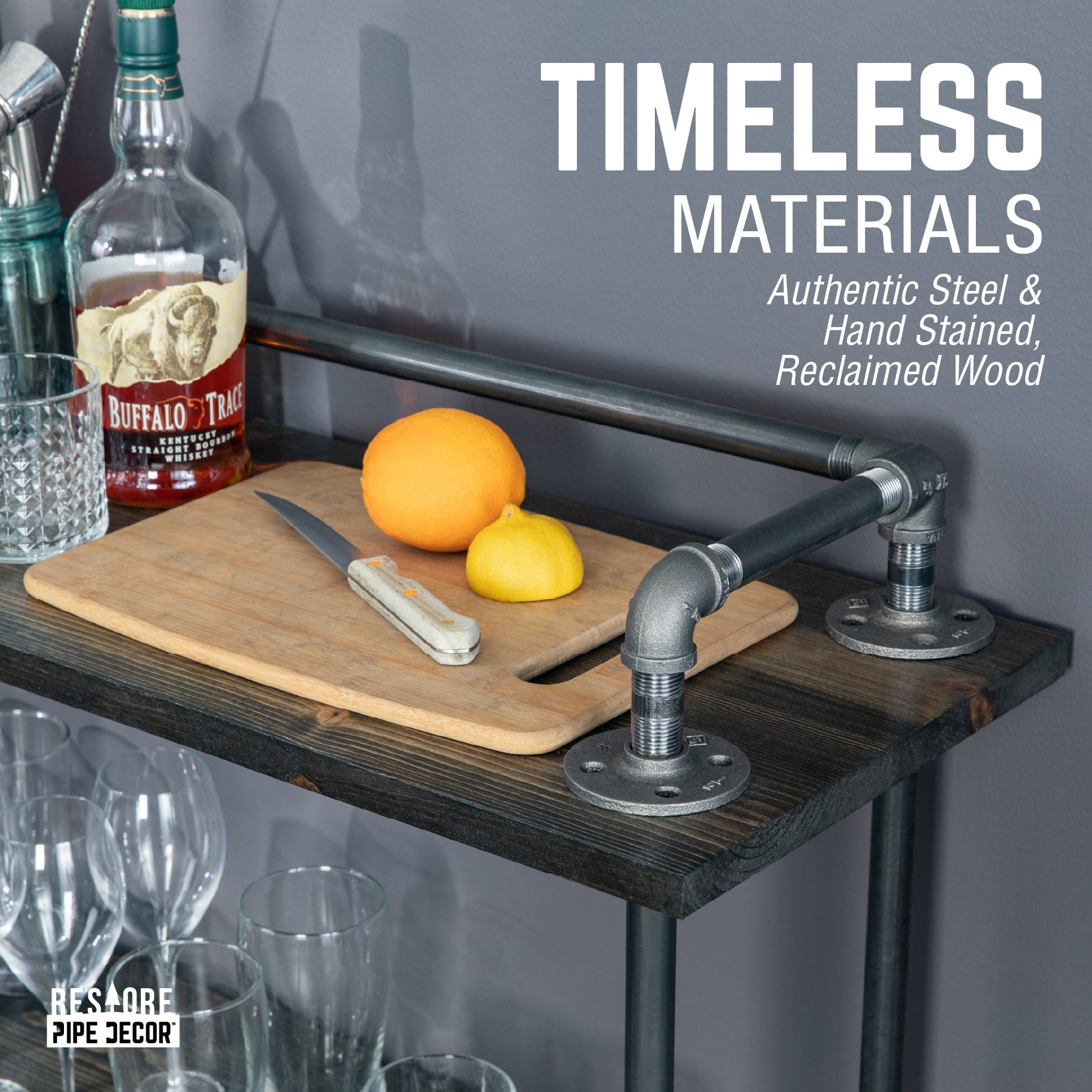 Three-tier Wood Shelf Industrial Bar Cart with Locking Wheels, Boulder Black PIPE DECOR