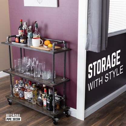 Three-tier Wood Shelf Industrial Bar Cart with Locking Wheels, Boulder Black PIPE DECOR