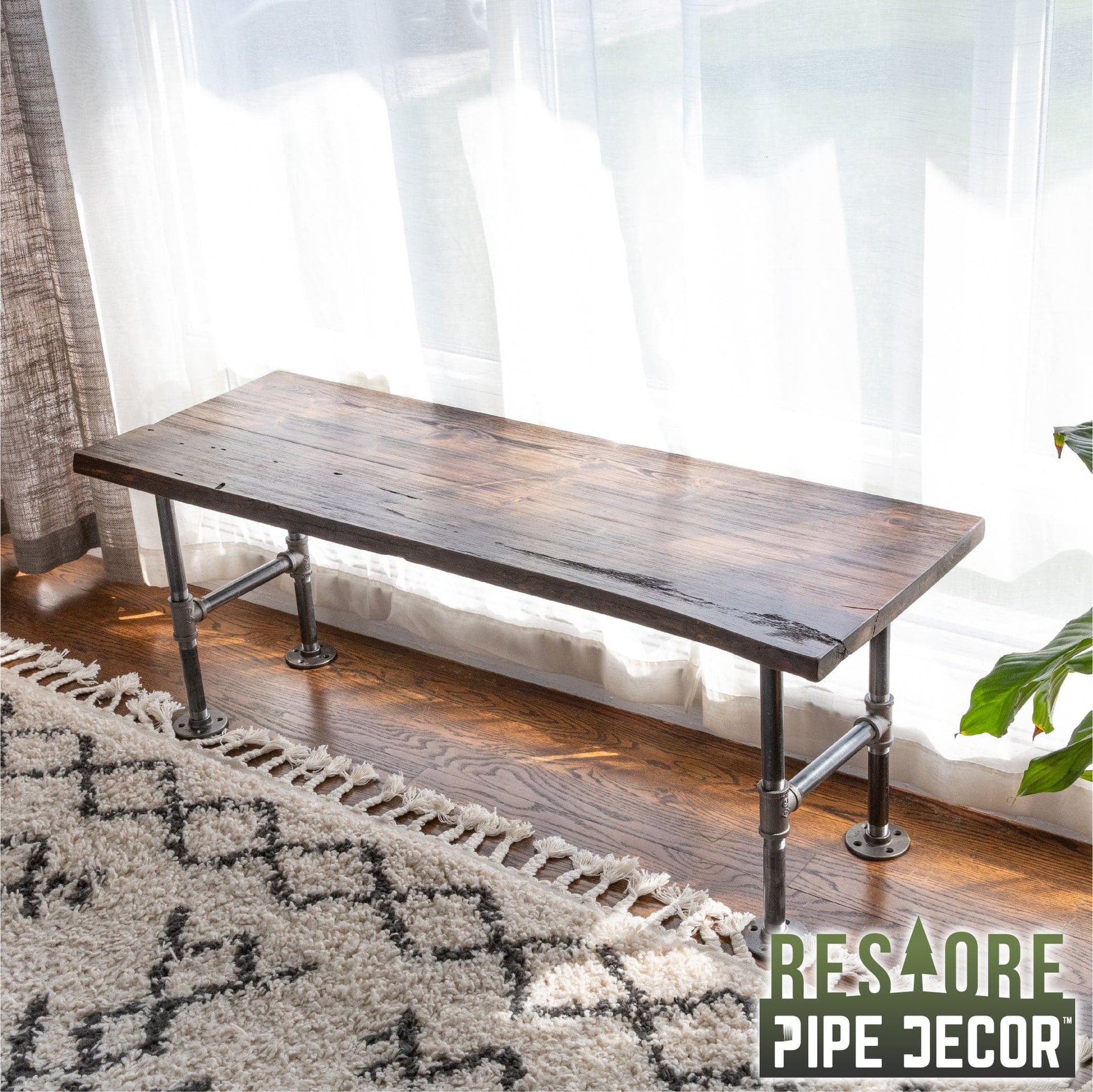 RESTORE Boulder Black Solid Live Edge Wood Accent Bench PIPE DECOR