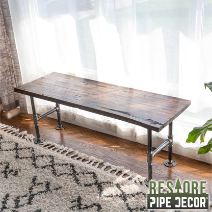RESTORE Boulder Black Solid Live Edge Wood Accent Bench PIPE DECOR