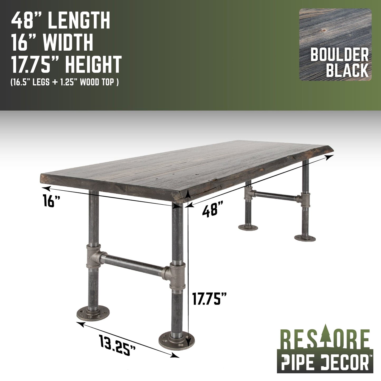 RESTORE Boulder Black Solid Live Edge Wood Accent Bench PIPE DECOR