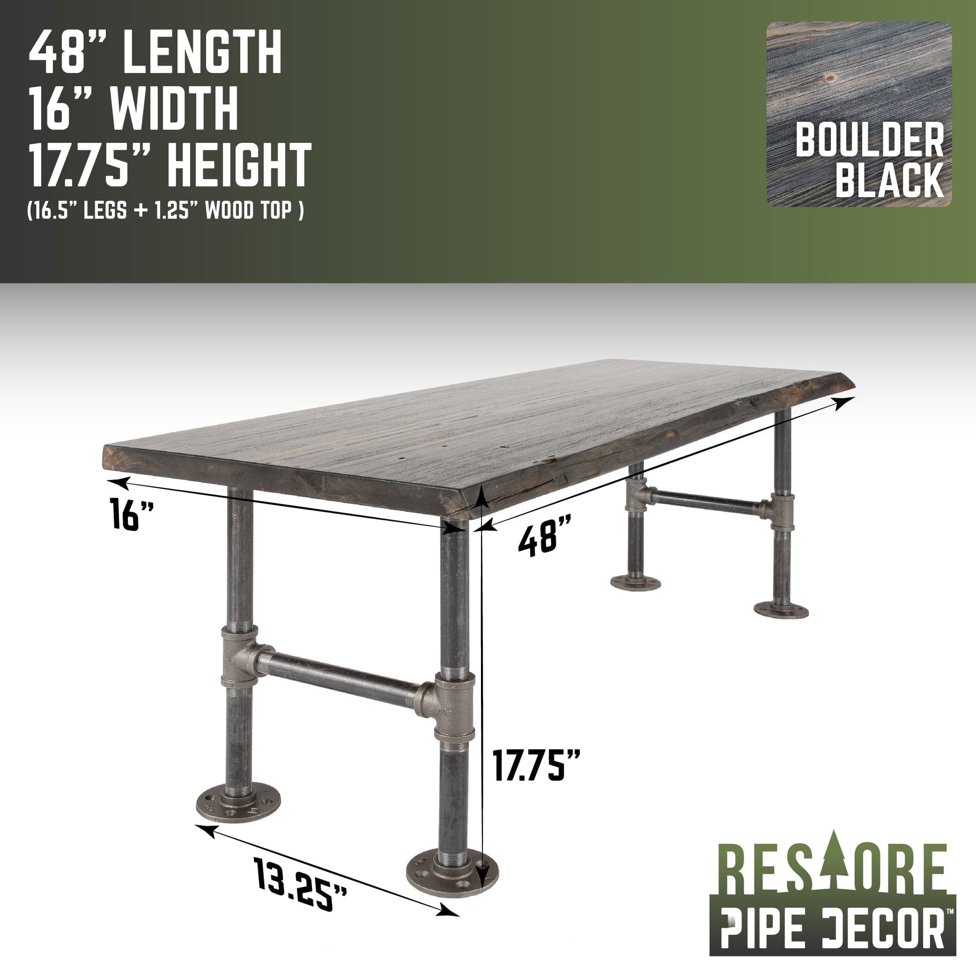 RESTORE Boulder Black Solid Live Edge Wood Accent Bench PIPE DECOR