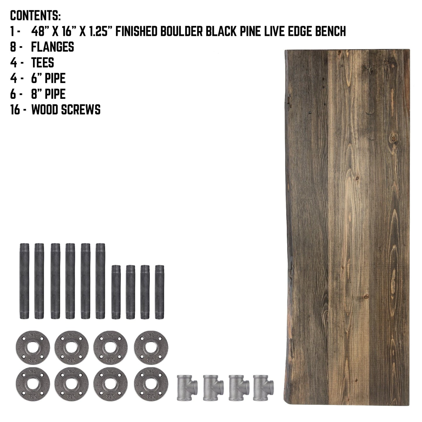 RESTORE Boulder Black Solid Live Edge Wood Accent Bench PIPE DECOR