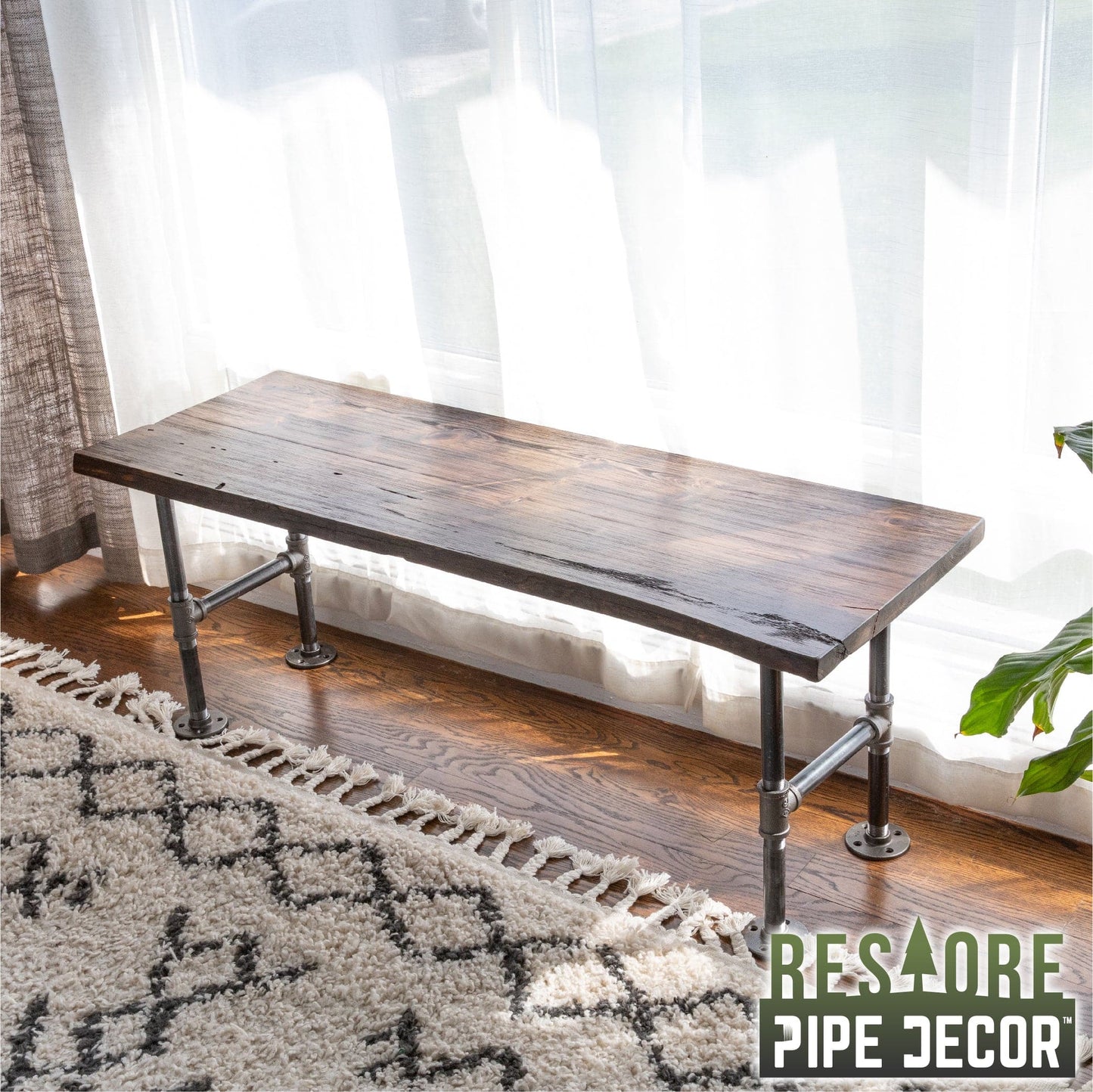 RESTORE Trail Brown Solid Live Edge Wood Accent Bench PIPE DECOR