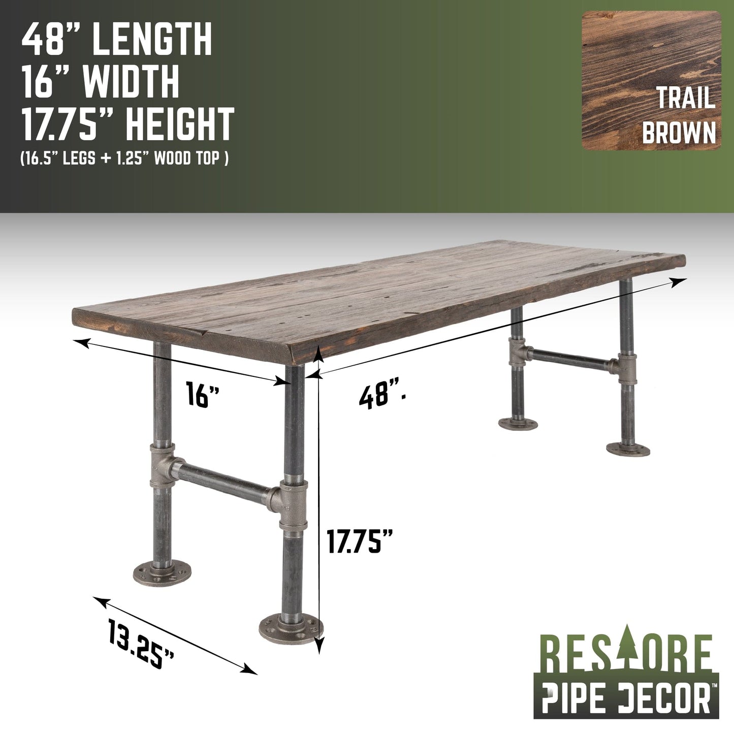 RESTORE Trail Brown Solid Live Edge Wood Accent Bench PIPE DECOR