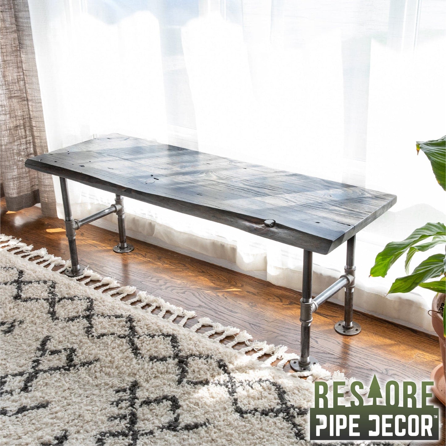 RESTORE Riverstone Grey Solid Live Edge Wood Accent Bench PIPE DECOR