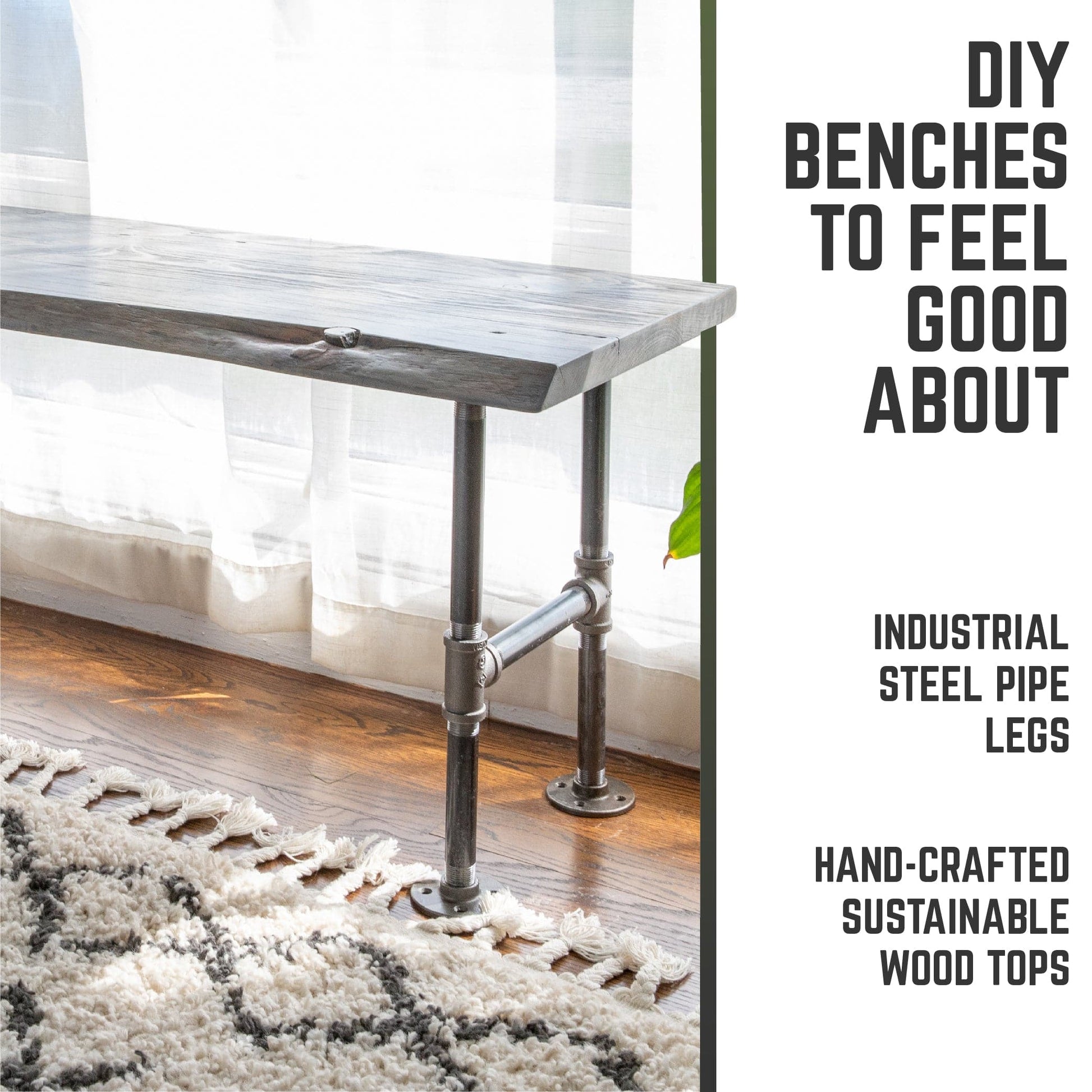 RESTORE Riverstone Grey Solid Live Edge Wood Accent Bench PIPE DECOR