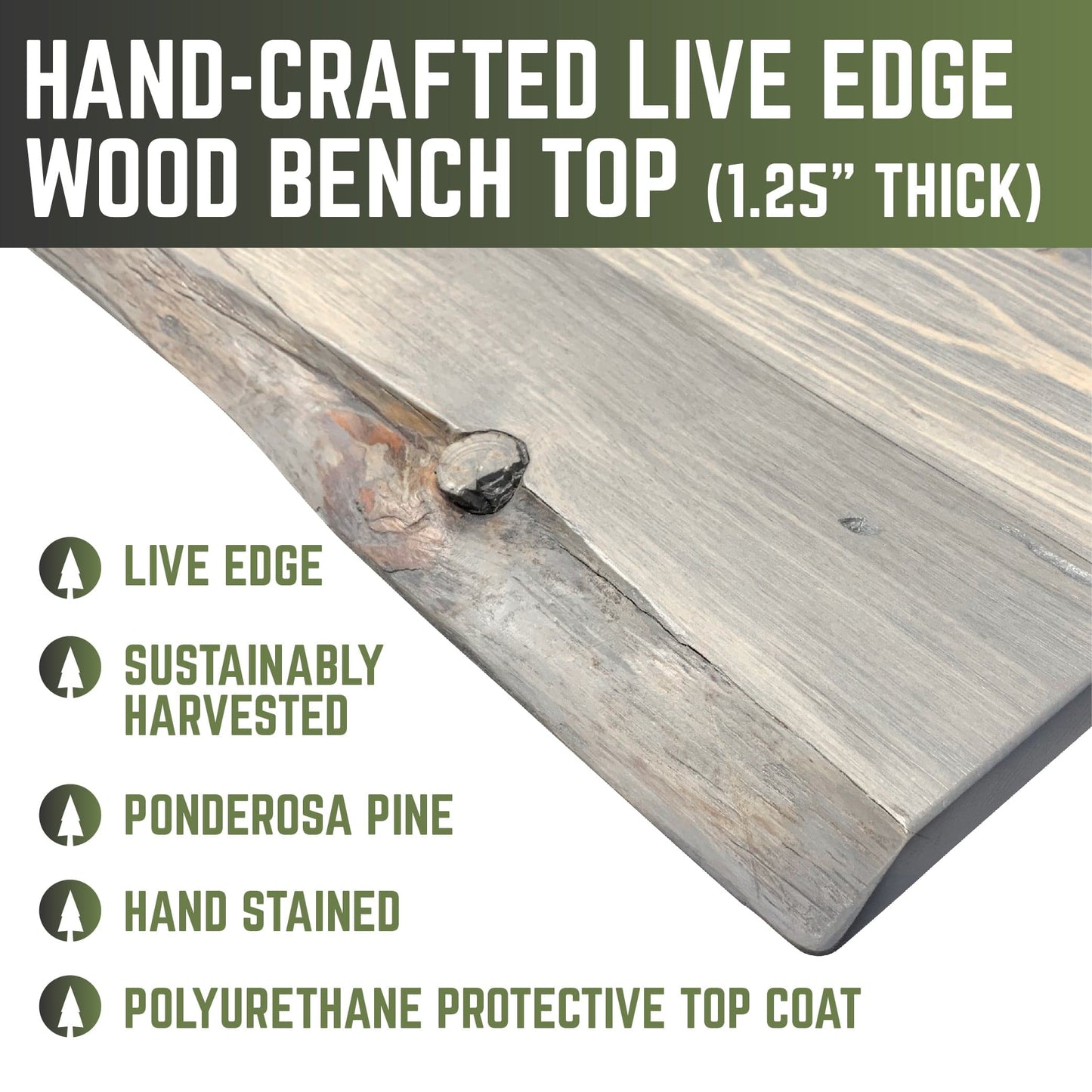 RESTORE Riverstone Grey Solid Live Edge Wood Accent Bench PIPE DECOR