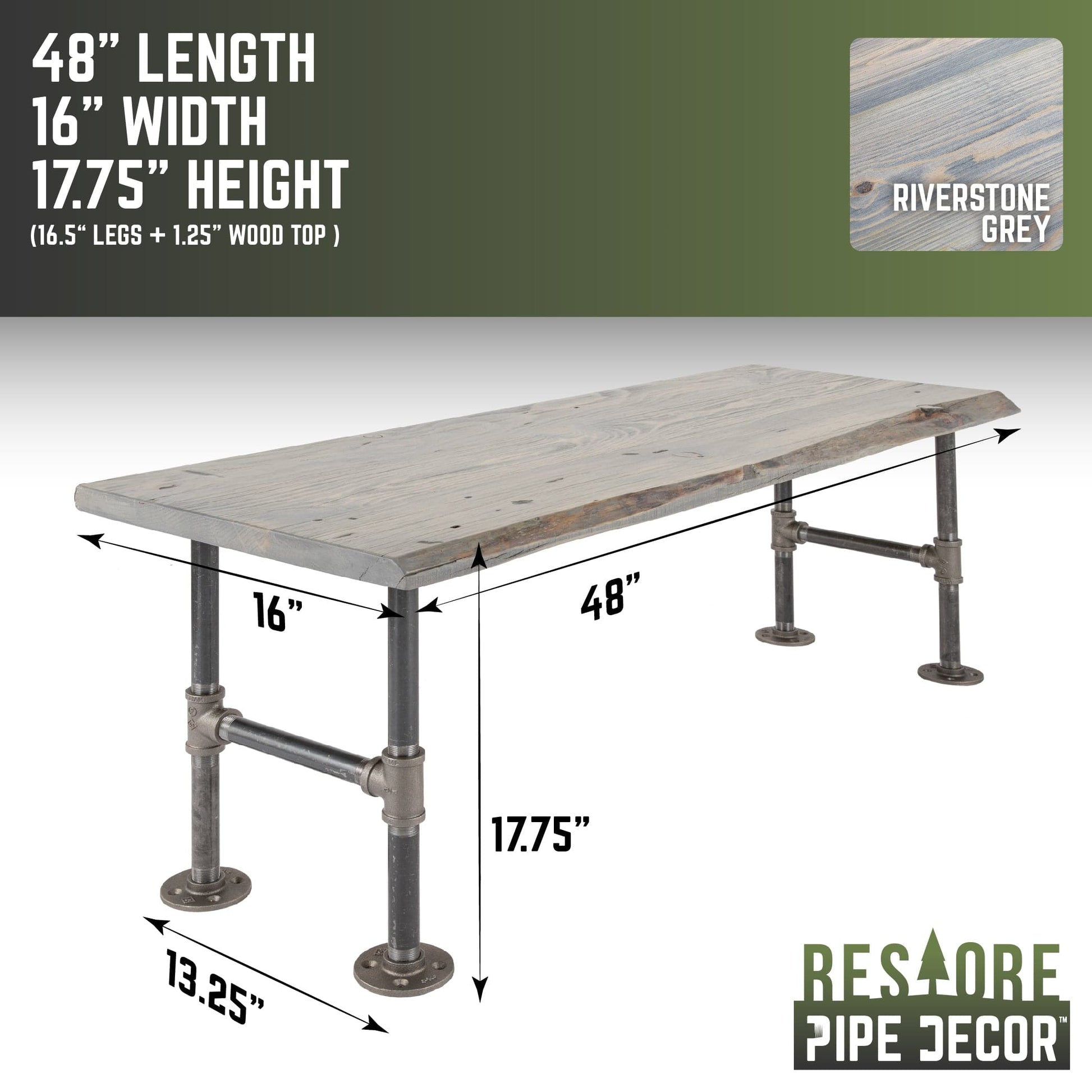 RESTORE Riverstone Grey Solid Live Edge Wood Accent Bench PIPE DECOR