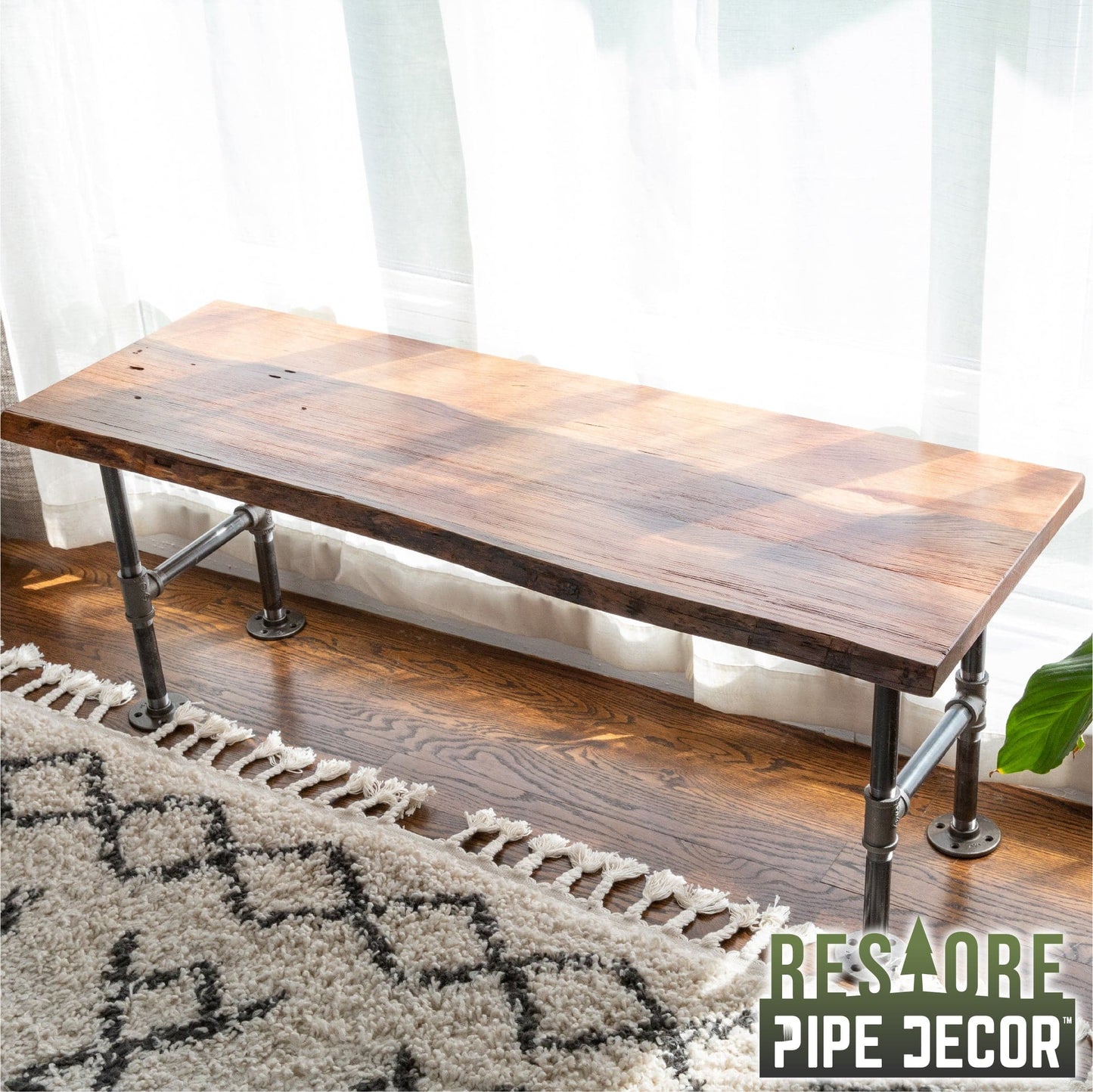 RESTORE Sunset Cedar Solid Live Edge Wood Accent Bench PIPE DECOR