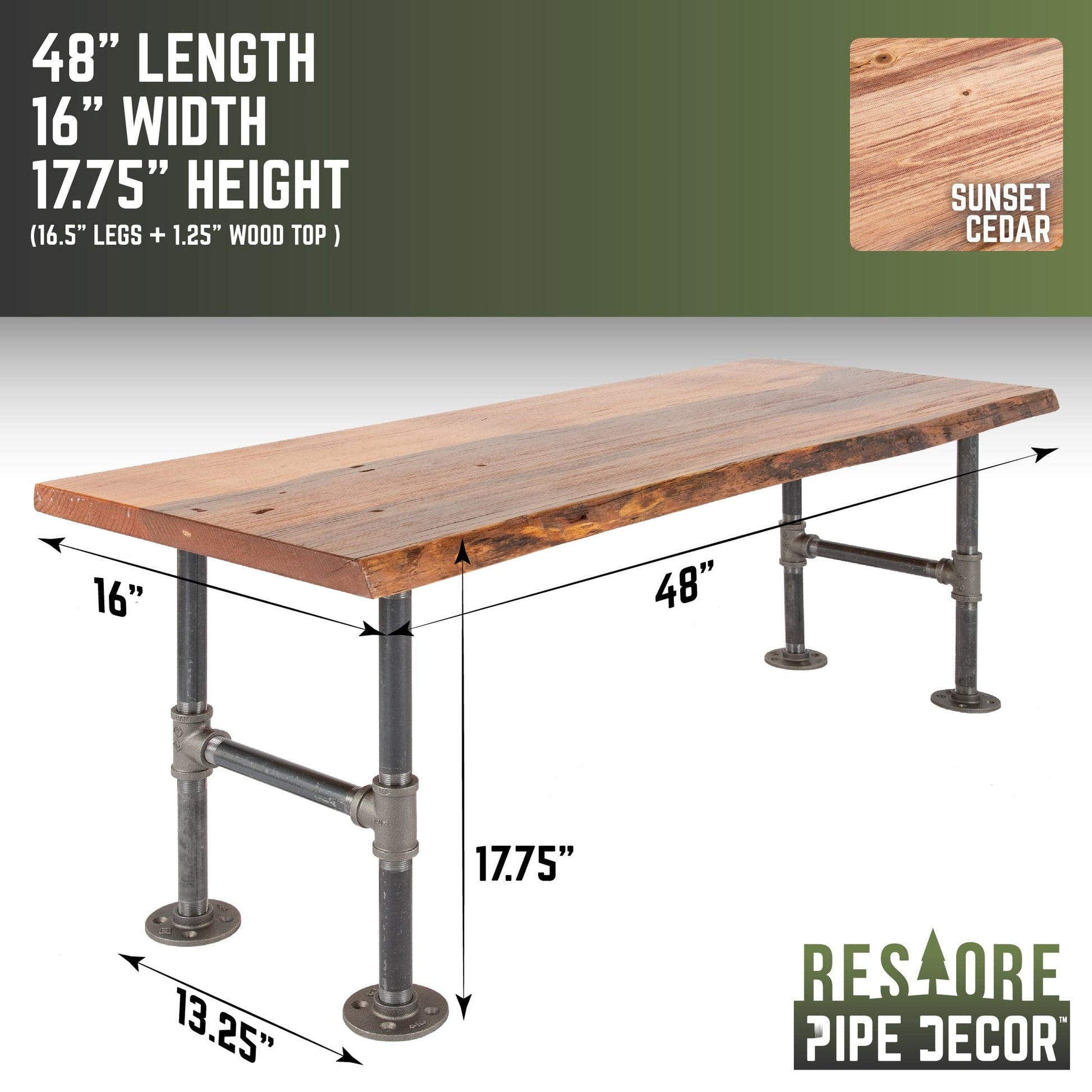 RESTORE Sunset Cedar Solid Live Edge Wood Accent Bench PIPE DECOR