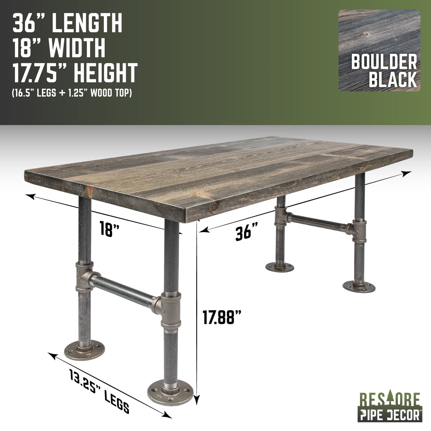 RESTORE Boulder Black Solid Wood Coffee Table PIPE DECOR