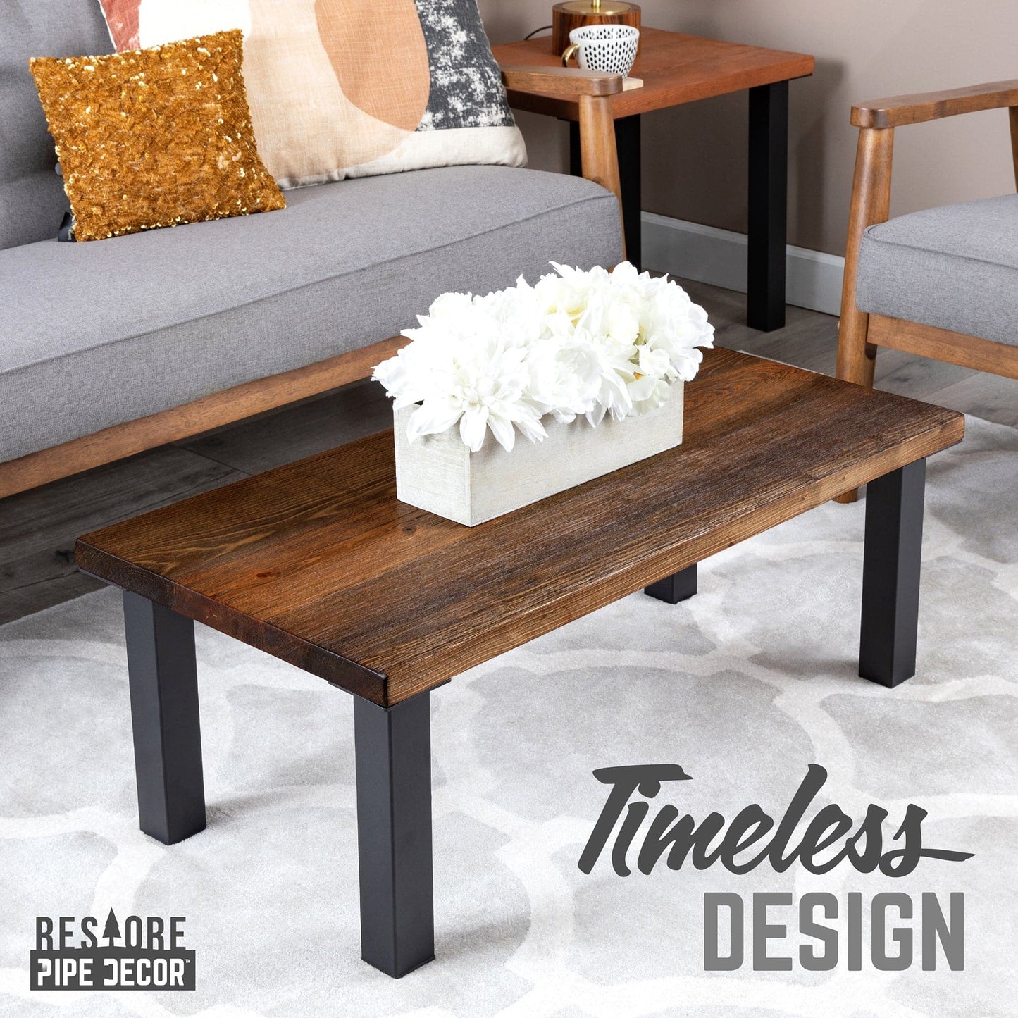 Skyline Boulder Black Solid Wood Coffee Table with 12 in. High-Rise Legs PIPE DECOR