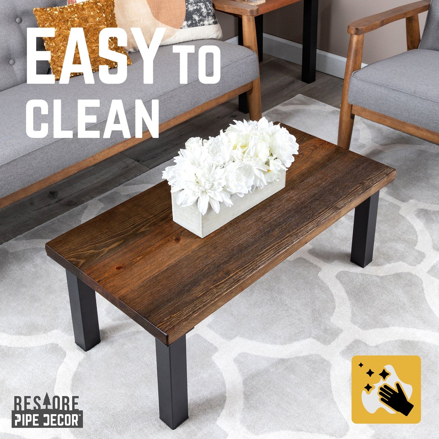 Skyline Boulder Black Solid Wood Coffee Table with 12 in. High-Rise Legs PIPE DECOR