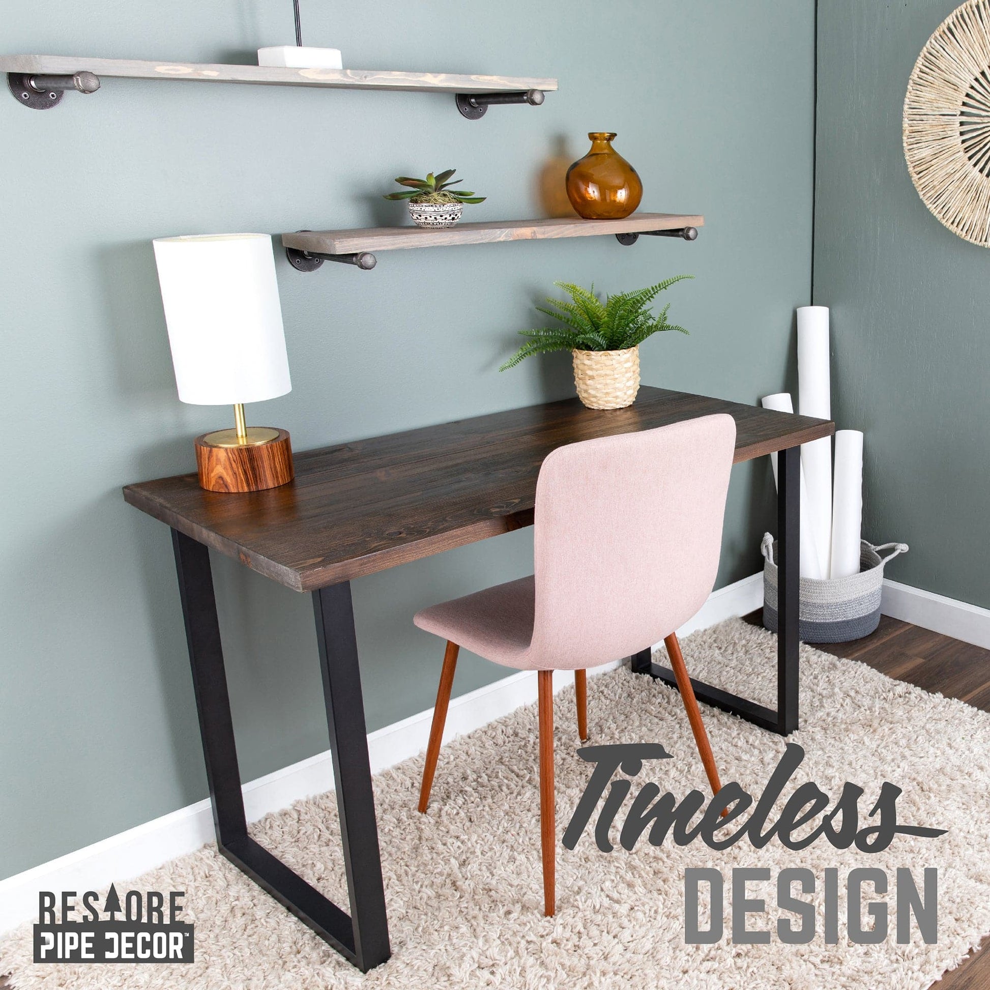 Skyline Boulder Black Solid Wood Desk with 28 in. Landscape Legs PIPE DECOR