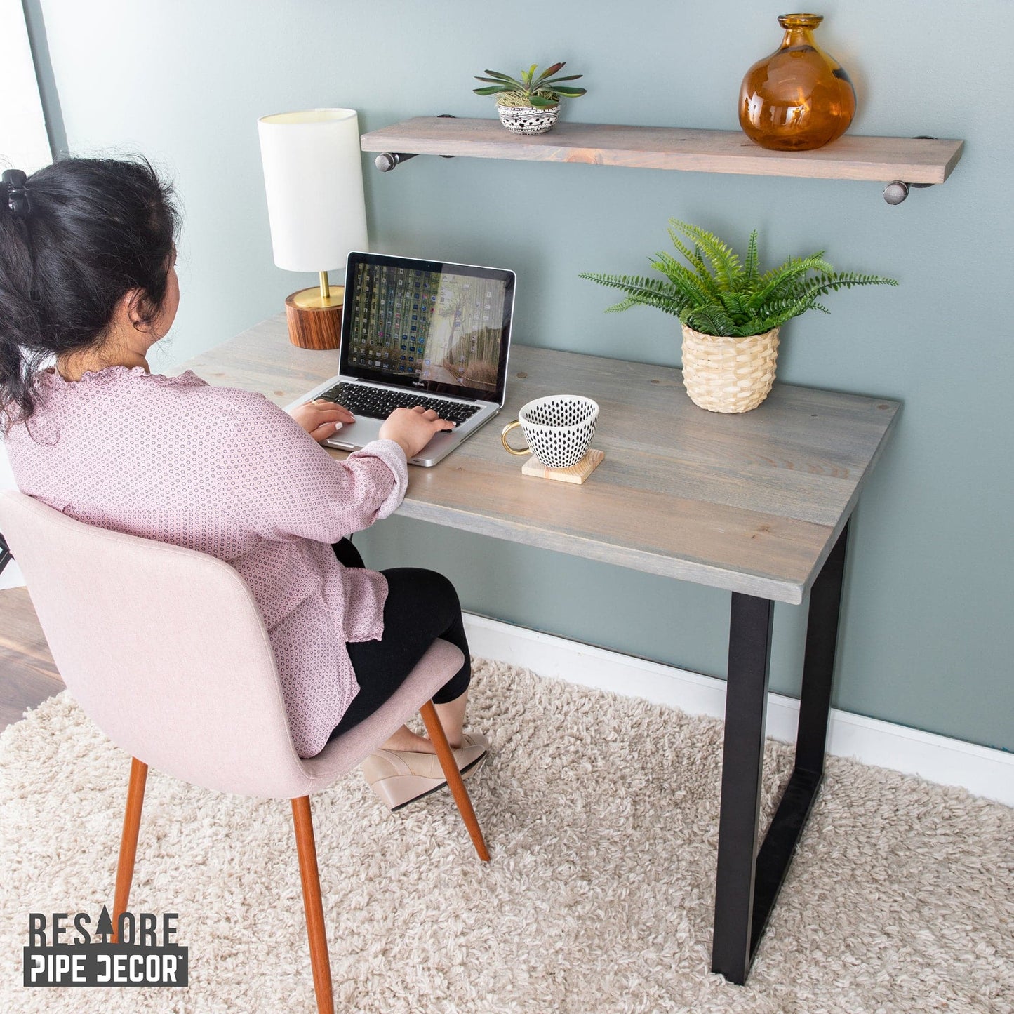 Skyline Riverstone Grey Solid Wood Desk with 28 in. Landscape Legs PIPE DECOR