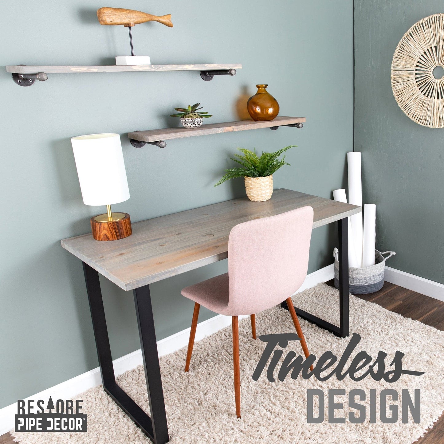 Skyline Riverstone Grey Solid Wood Desk with 28 in. Landscape Legs PIPE DECOR