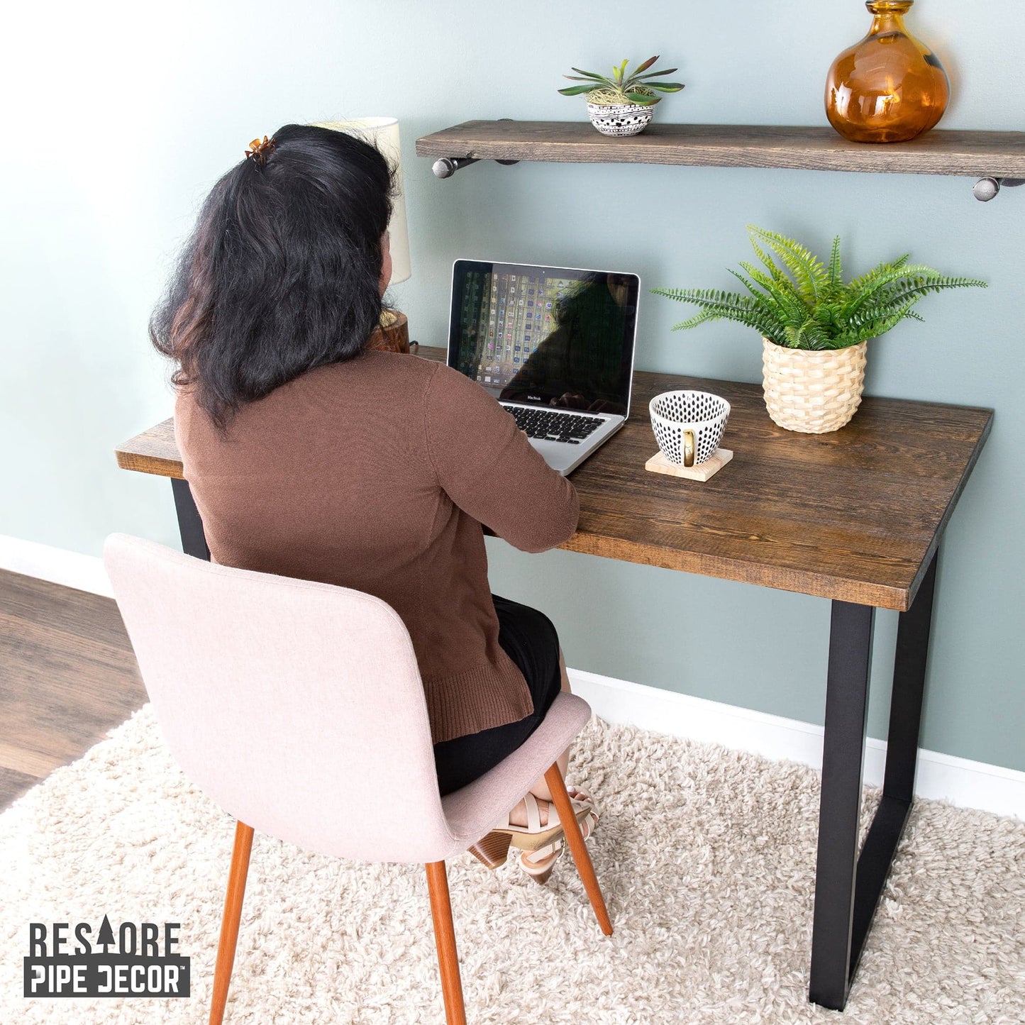 Skyline Trail Brown Solid Wood Desk with 28 in. Landscape Legs PIPE DECOR
