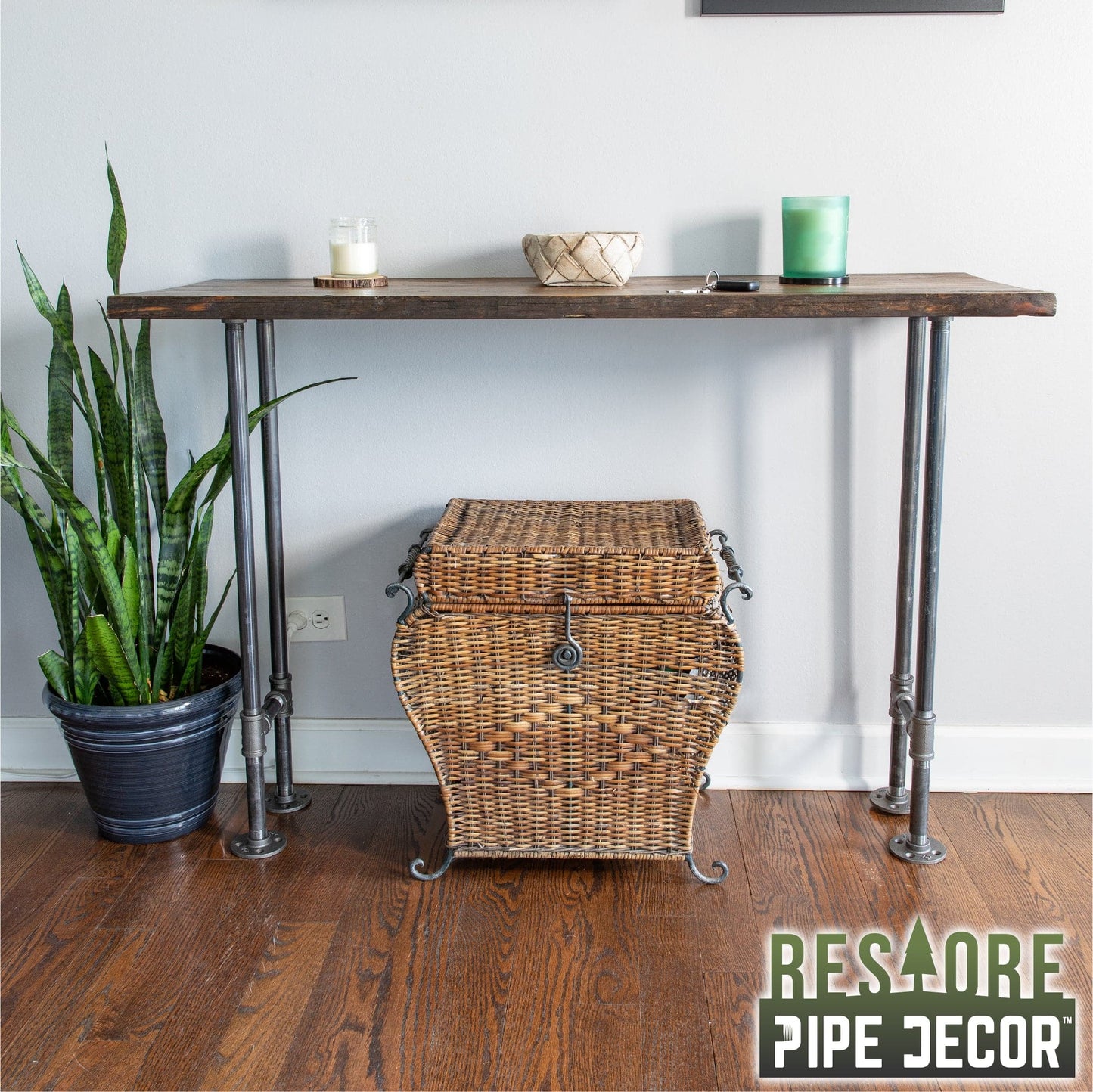 RESTORE Boulder Black Solid Live Edge Wood Console Table PIPE DECOR