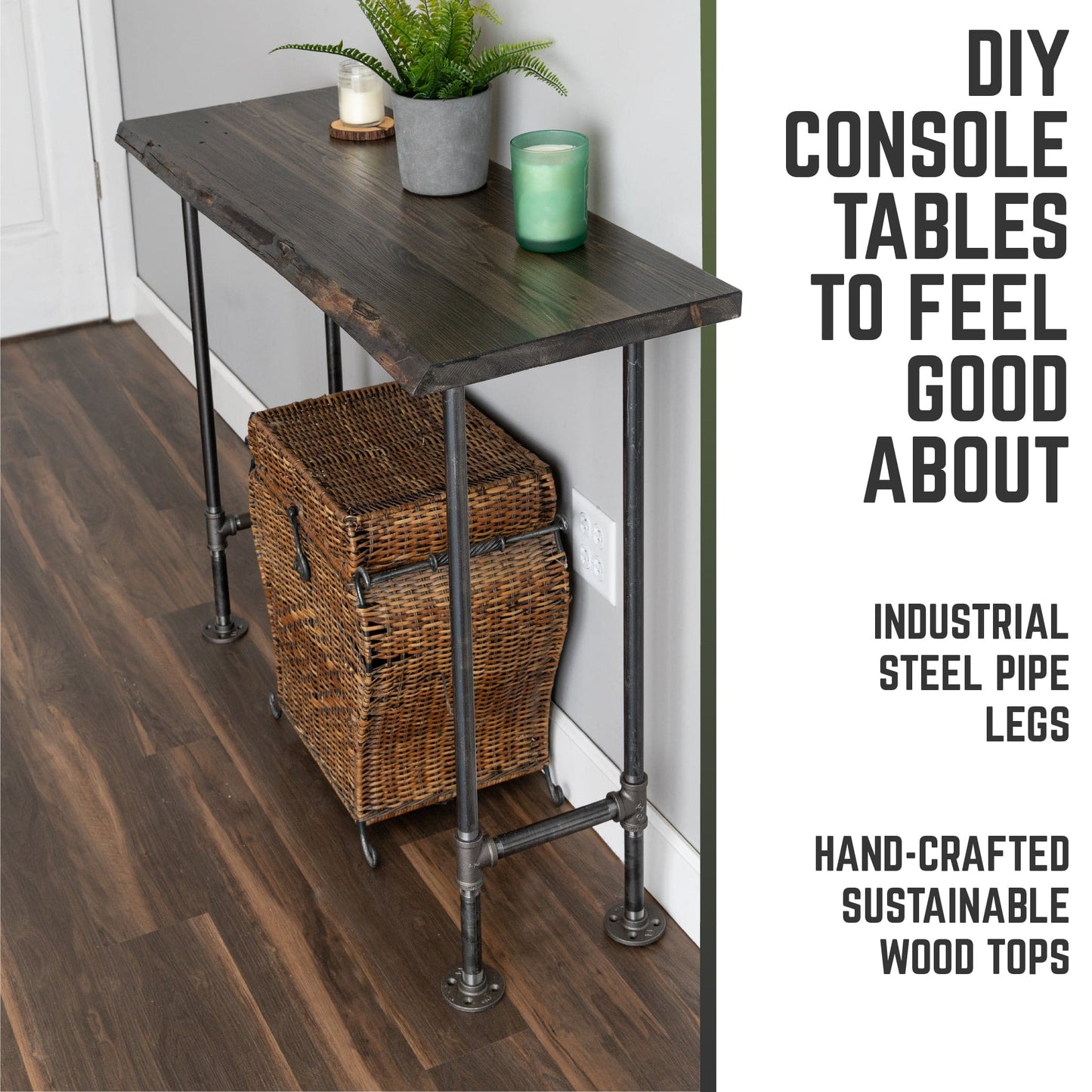 RESTORE Boulder Black Solid Live Edge Wood Console Table PIPE DECOR