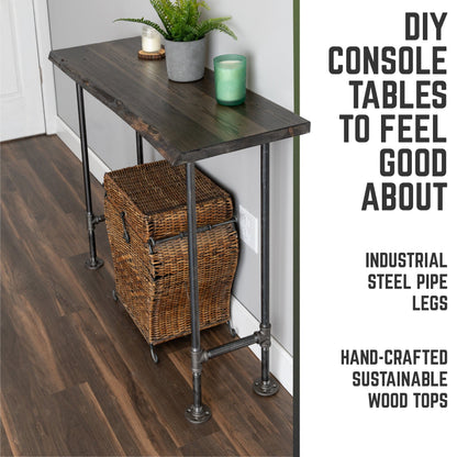 RESTORE Boulder Black Solid Live Edge Wood Console Table PIPE DECOR