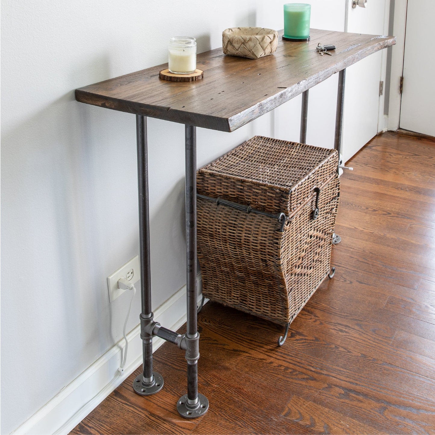 RESTORE Boulder Black Solid Live Edge Wood Console Table PIPE DECOR