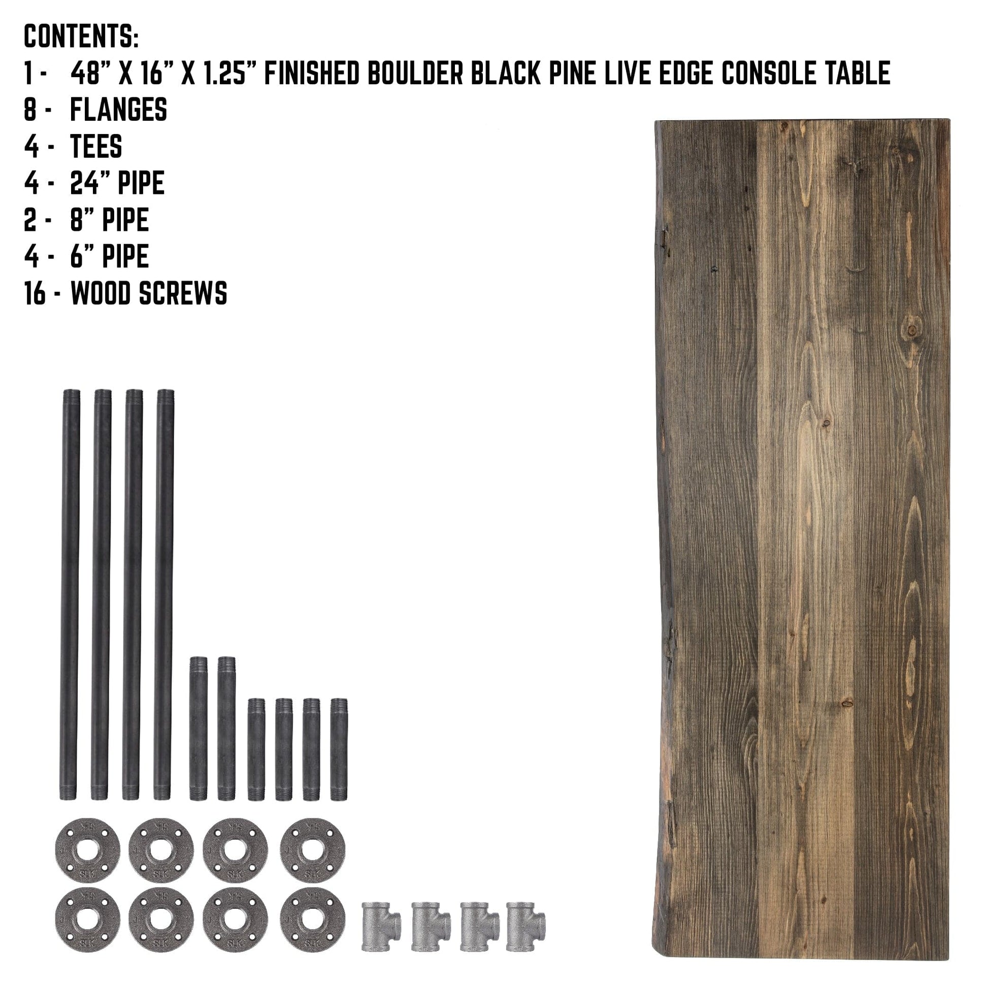 RESTORE Boulder Black Solid Live Edge Wood Console Table PIPE DECOR