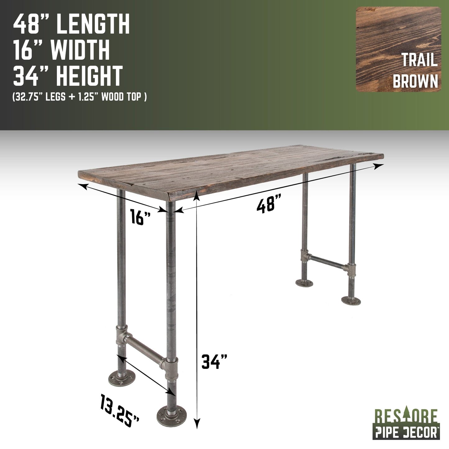 RESTORE Trail Brown Solid Live Edge Wood Console Table PIPE DECOR