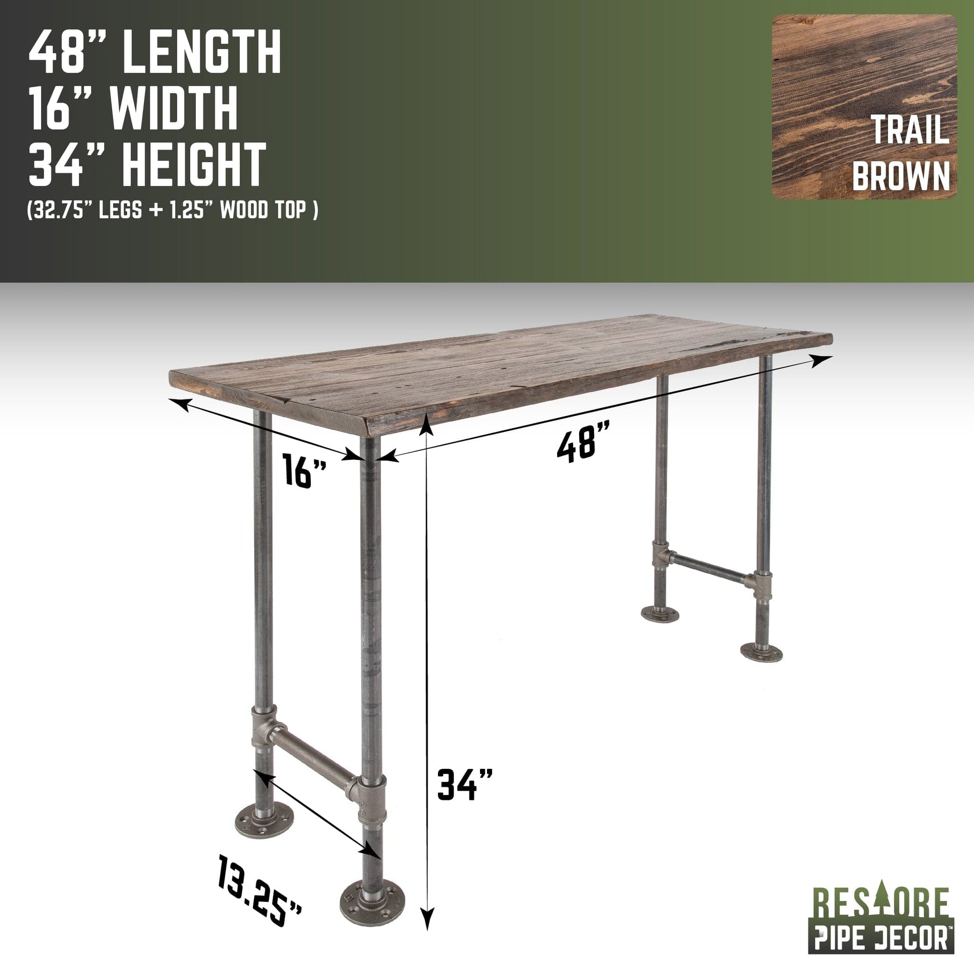 RESTORE Trail Brown Solid Live Edge Wood Console Table PIPE DECOR