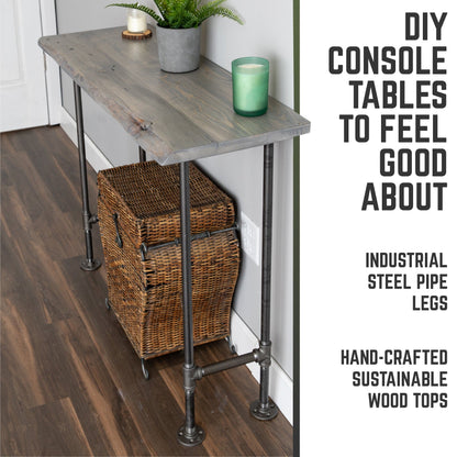 RESTORE Riverstone Grey Solid Live Edge Wood Console Table PIPE DECOR